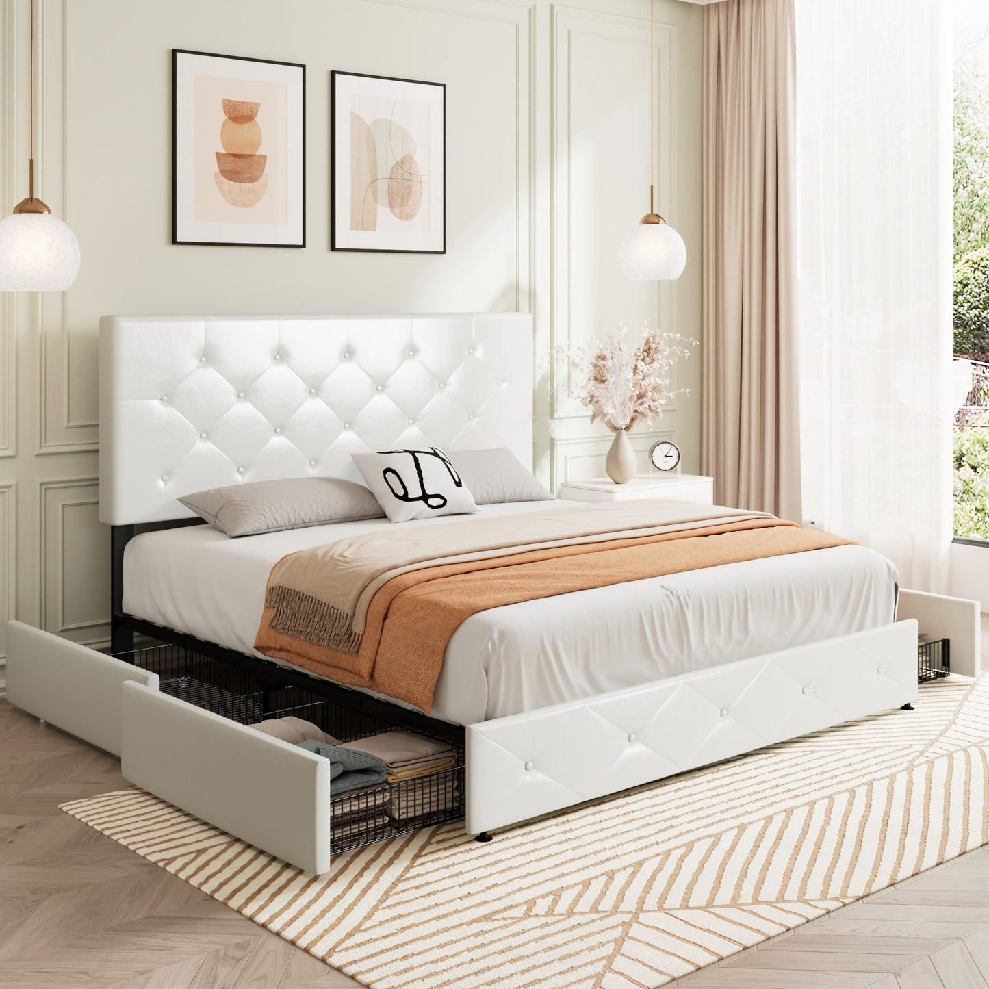Allewie Platform Bed Frame with 4 Drawers, Diamond Stitched Button Tufted Faux Leather Upholstered