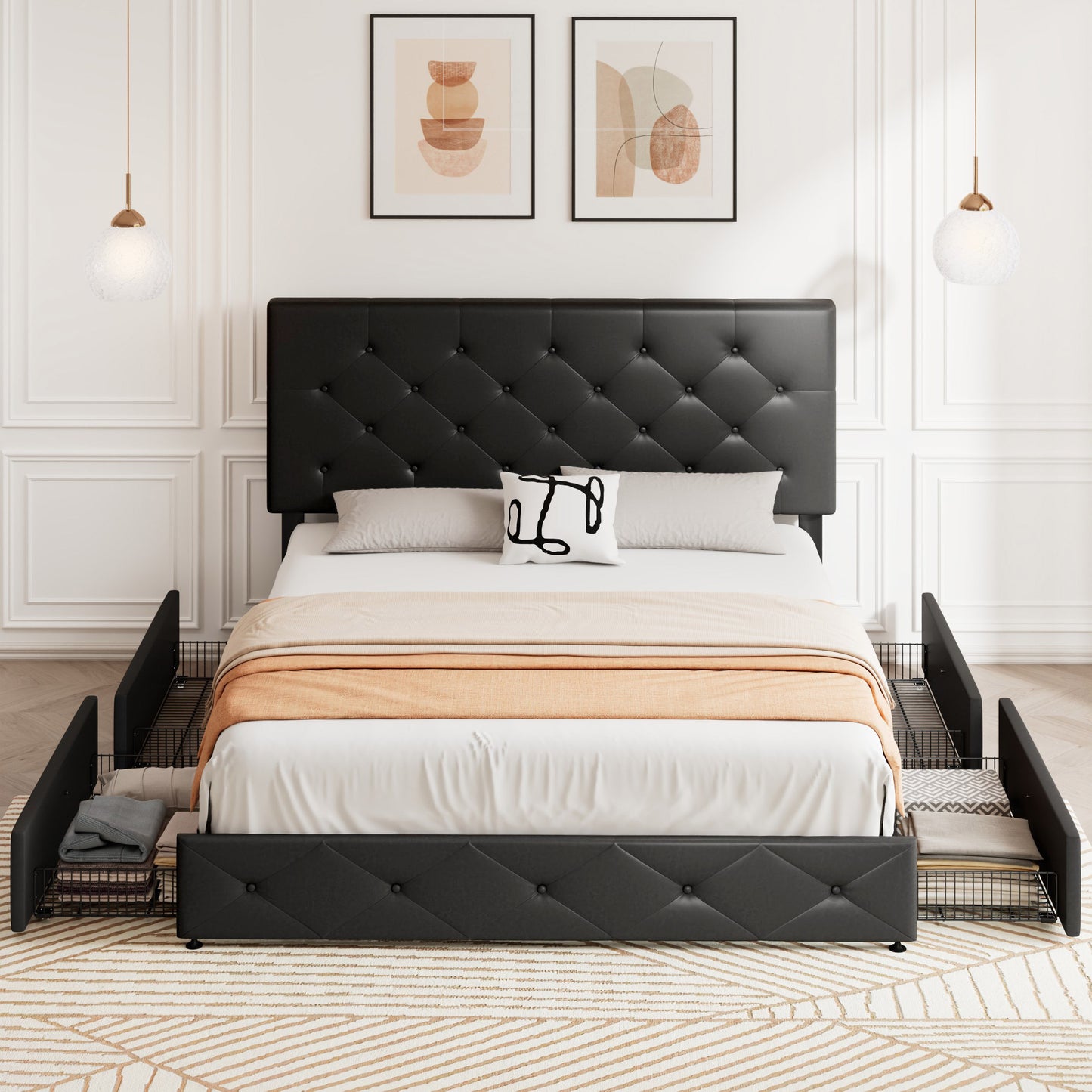 Allewie Platform Bed Frame with 4 Drawers, Diamond Stitched Button Tufted Faux Leather Upholstered