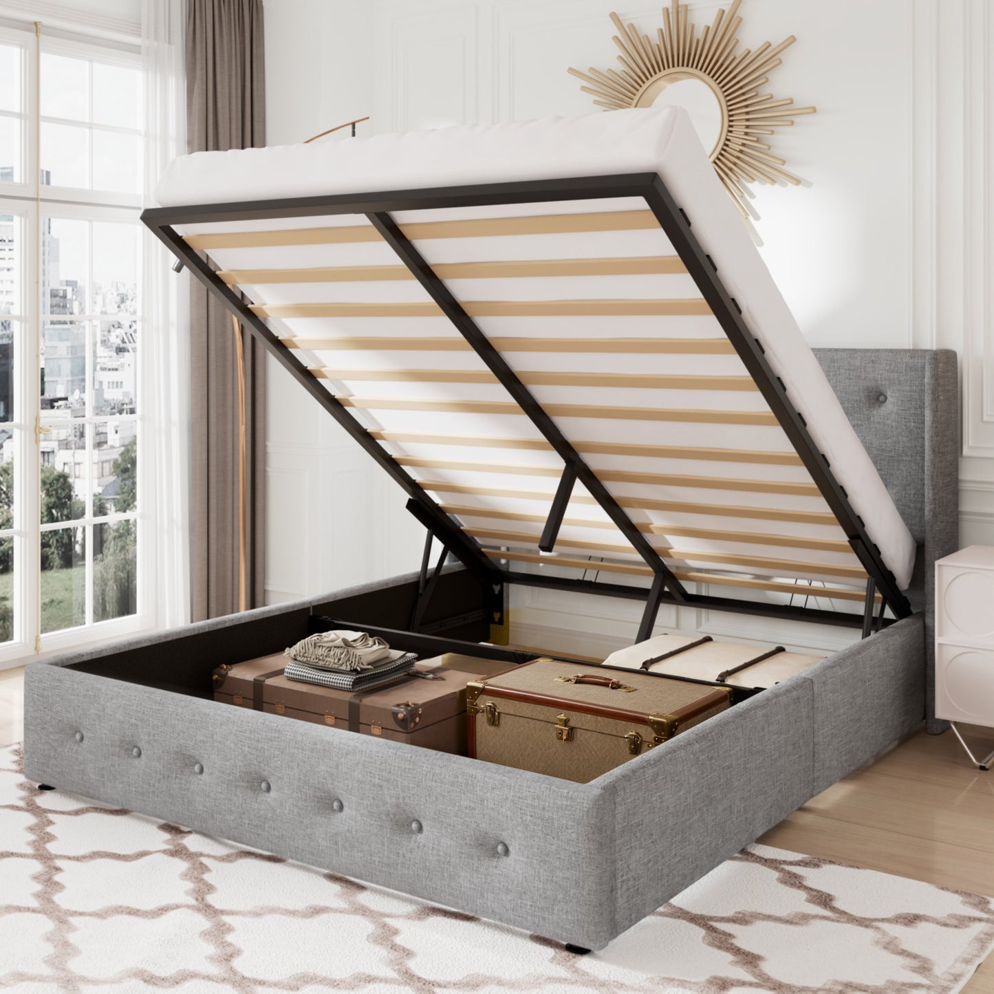 Allewie Lift Up Storage Upholstered Bed with Wingback Headboard