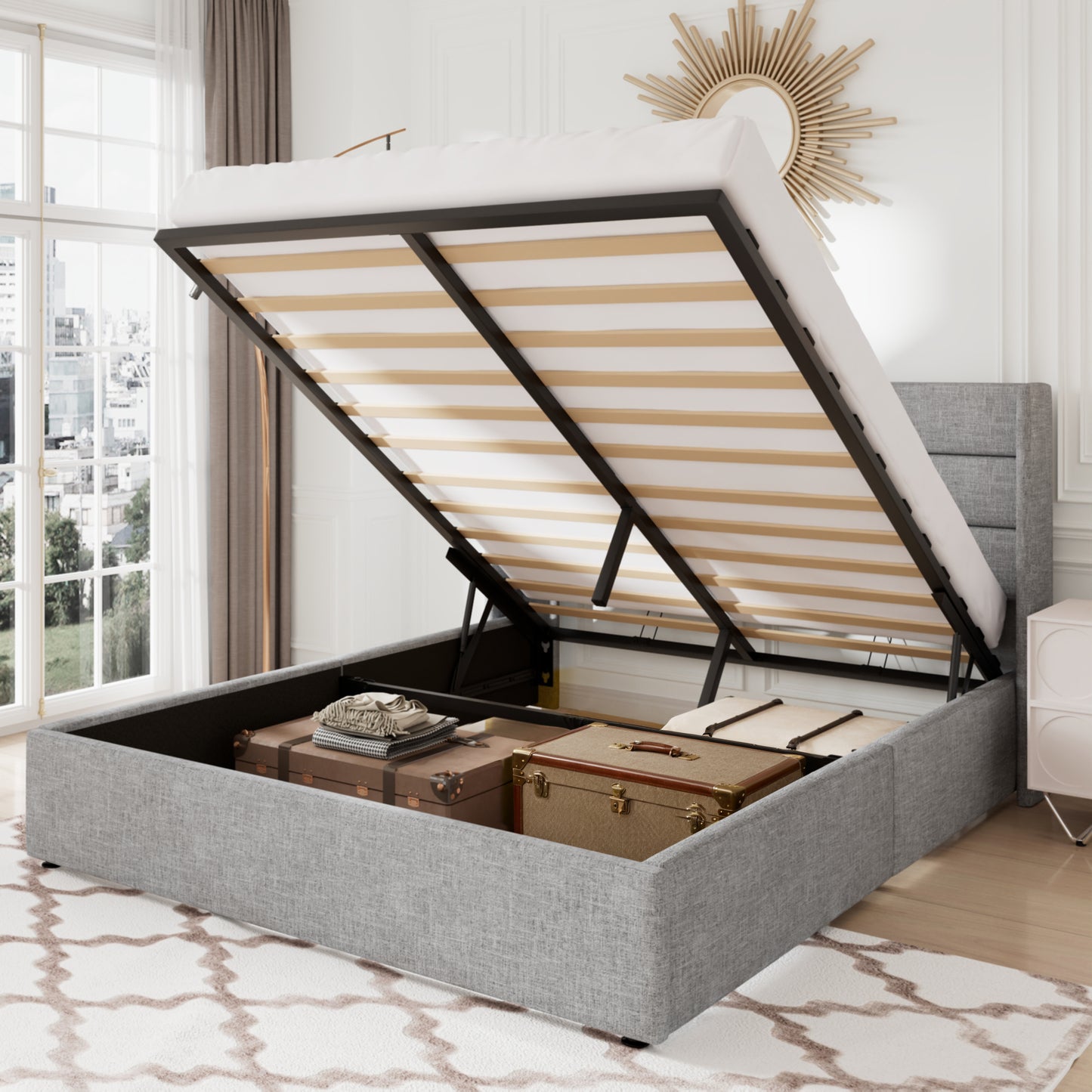 Allewie Lift Up Storage Upholstered Bed with Pannel Wingback Headboard
