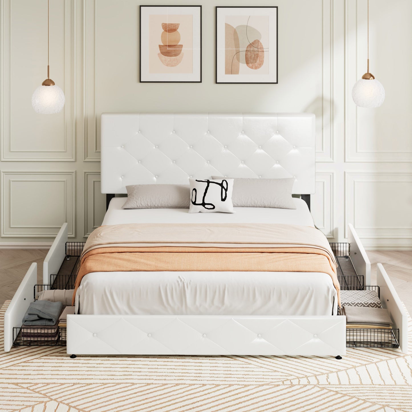 Allewie Platform Bed Frame with 4 Drawers, Diamond Stitched Button Tufted Faux Leather Upholstered