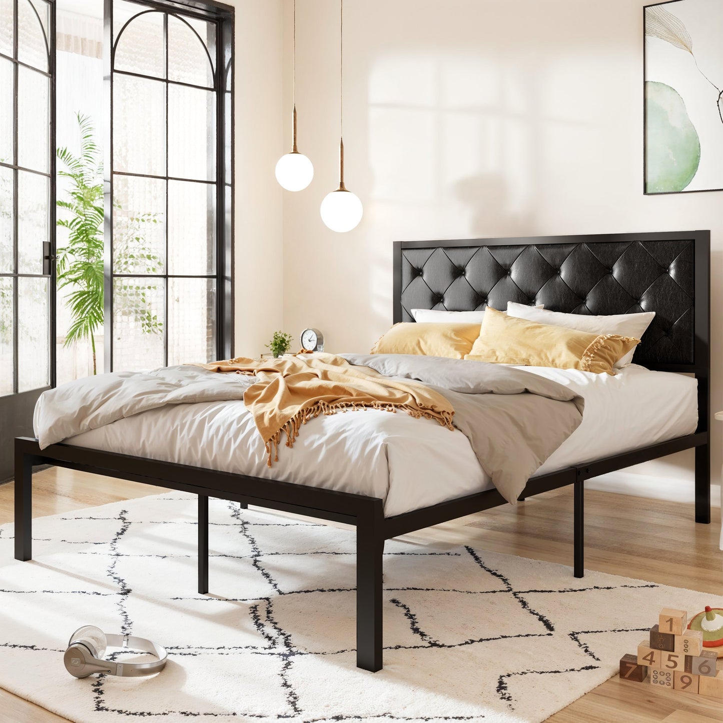 Allewie Metal Platform Bed Frame with Tufted Diamond Stitched Fabric Headboard