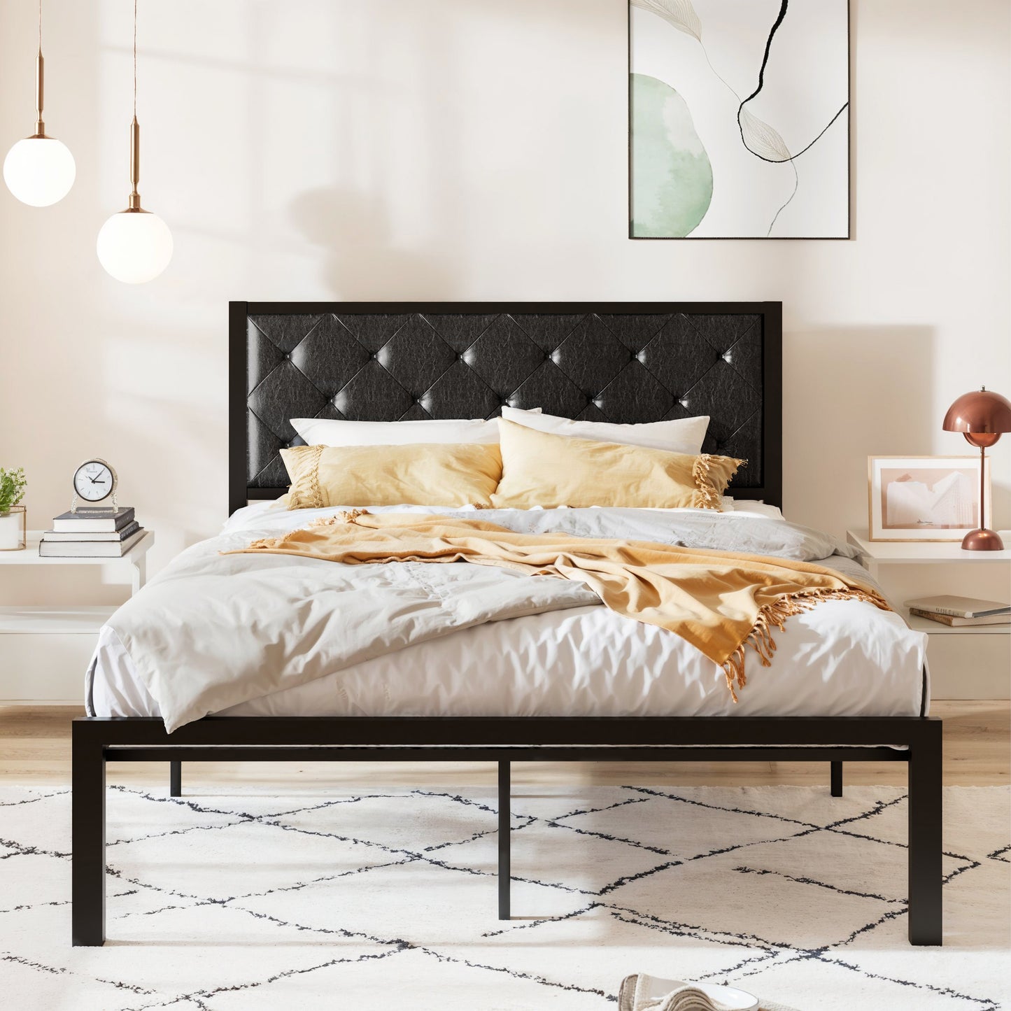 Allewie Metal Platform Bed Frame with Tufted Diamond Stitched Fabric Headboard