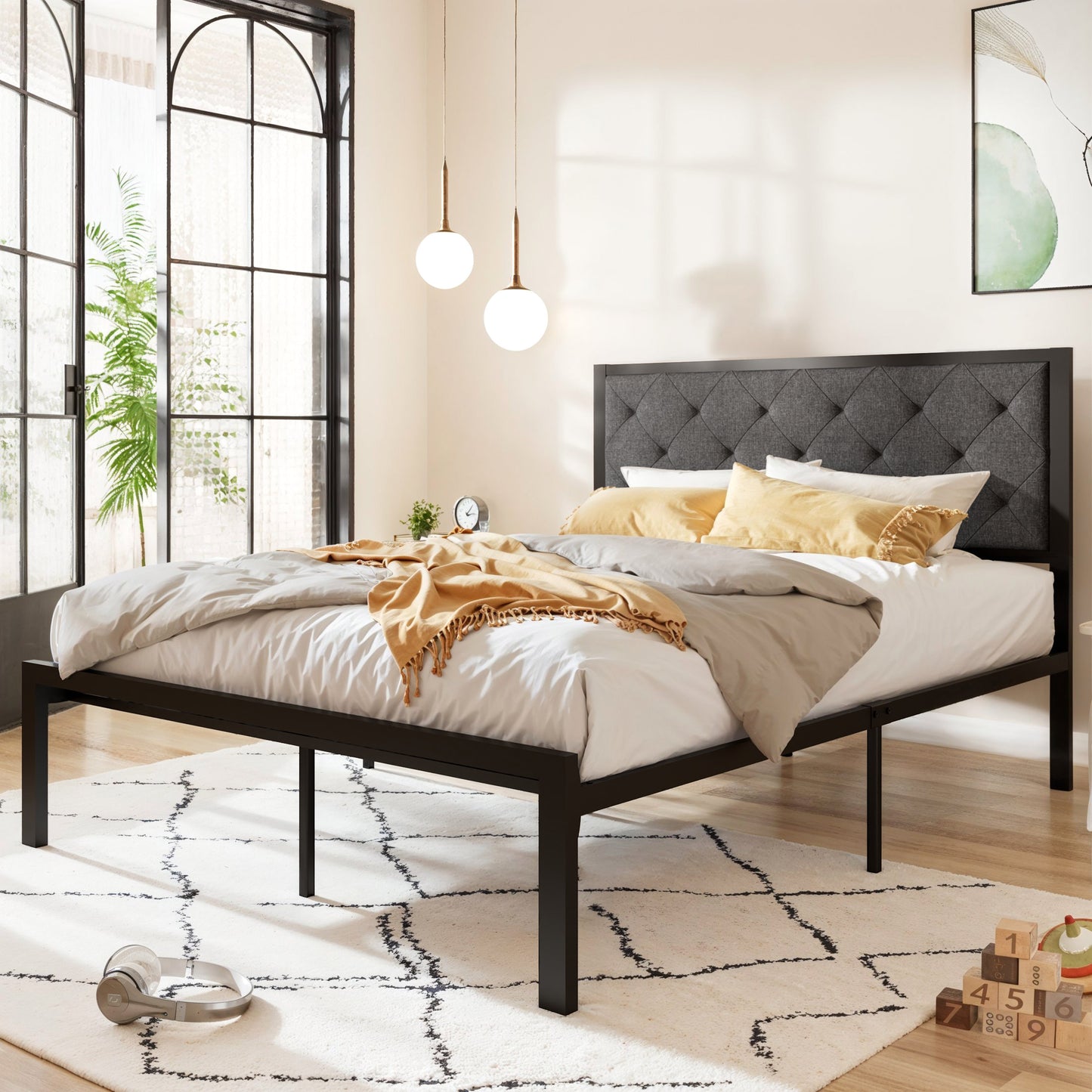 Allewie Metal Platform Bed Frame with Tufted Diamond Stitched Fabric Headboard