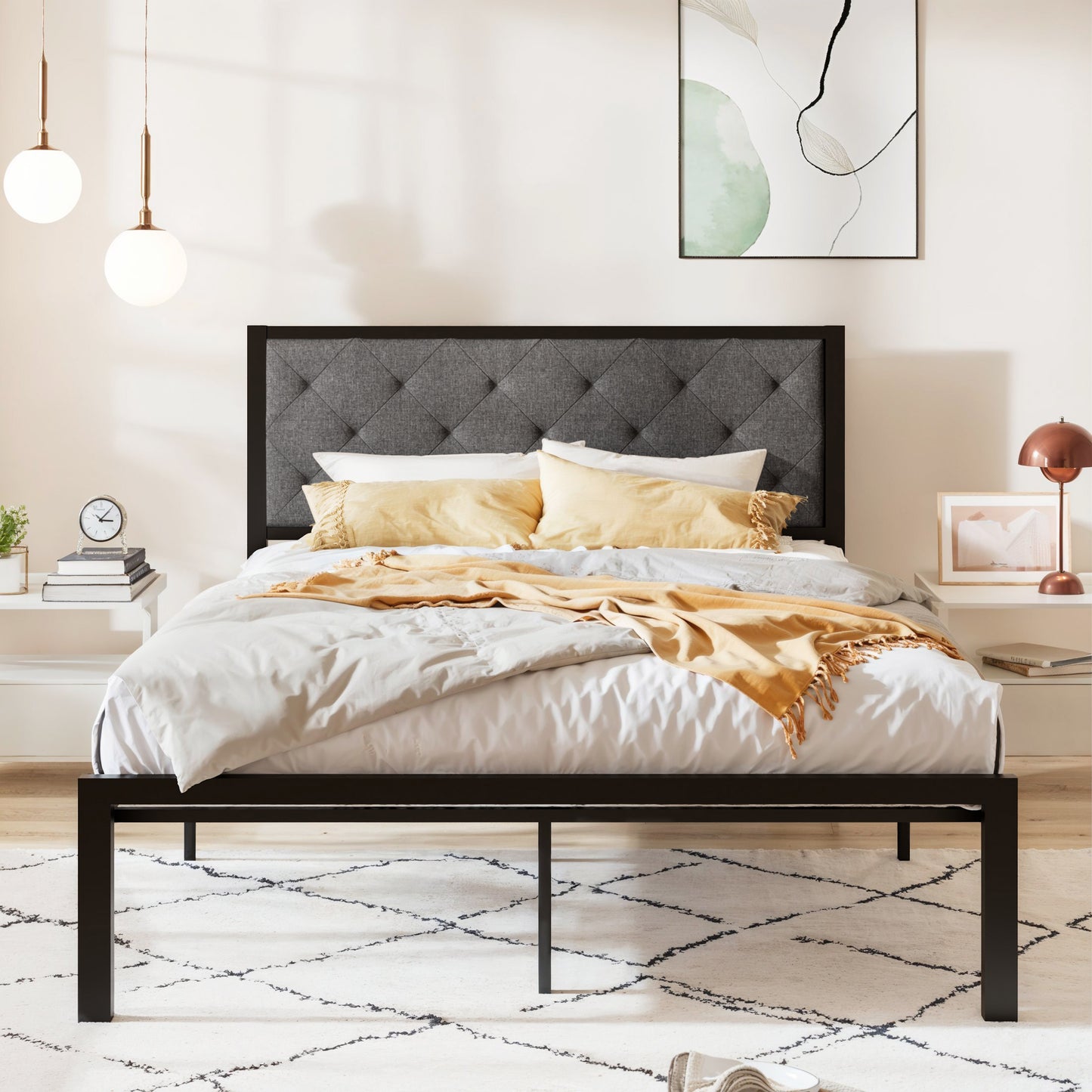 Allewie Metal Platform Bed Frame with Tufted Diamond Stitched Fabric Headboard