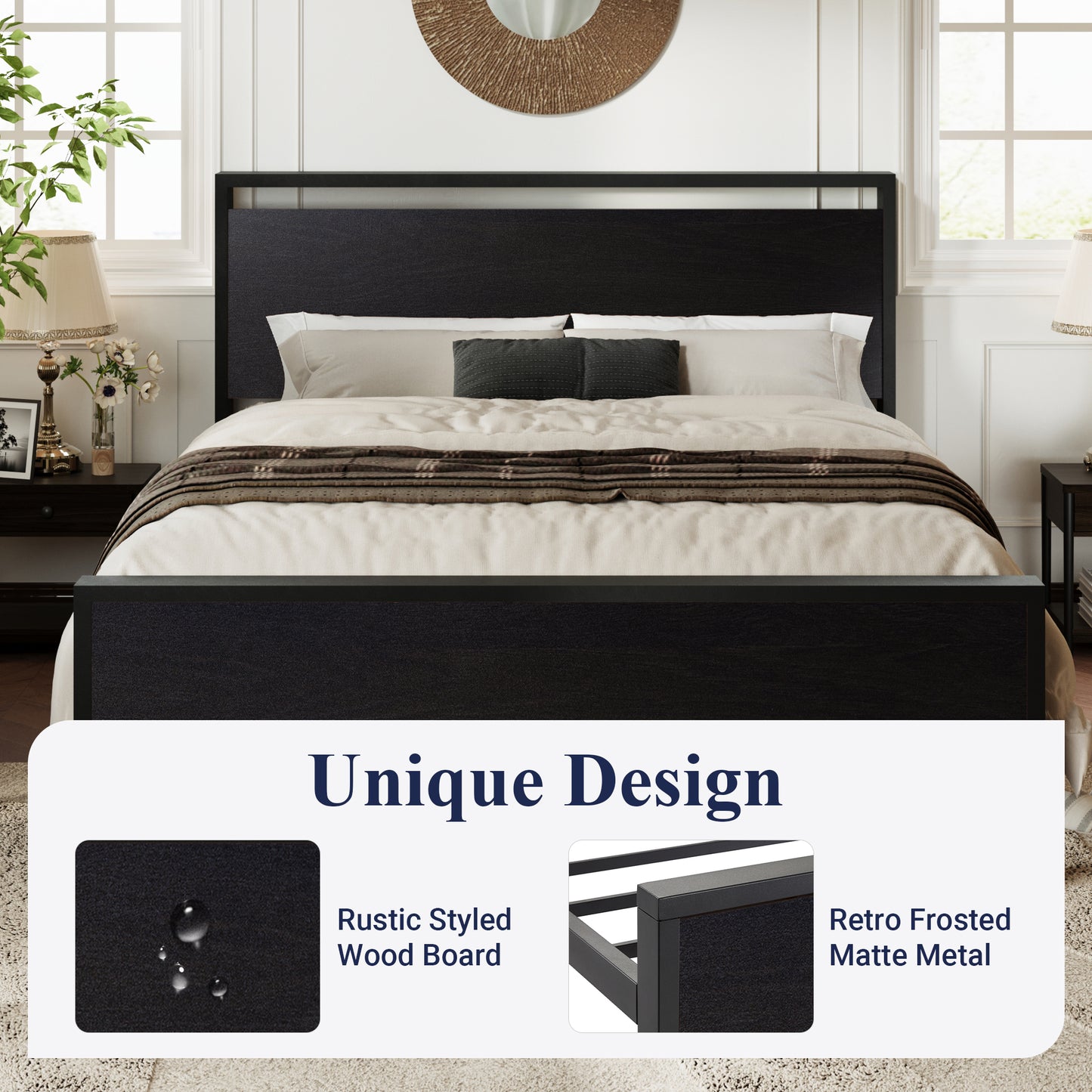 Allewie Platform Bed Frame with Wood Headboard and Footboard, Heavy Duty Metal Slat