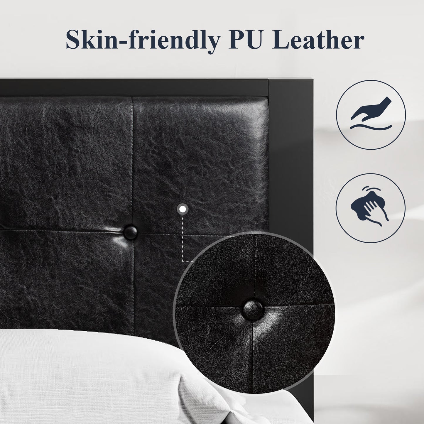 Allewie Faux Leather Platform Bed Frame Button Tufted Square Stitched Headboard, Black