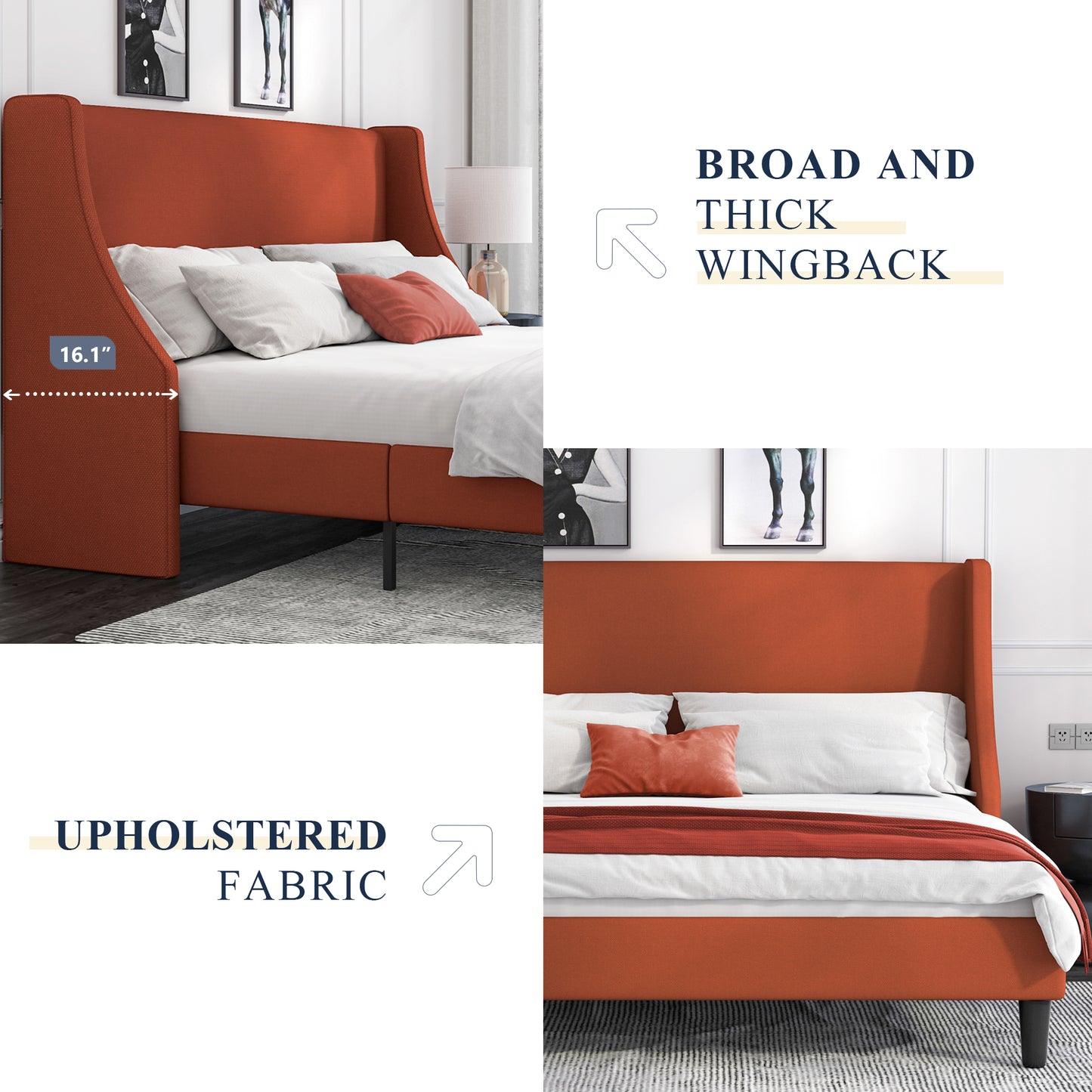 Allewie Queen Size Fabric Upholstered Platform Bed Frame with Wingback Headboard, Light Grey