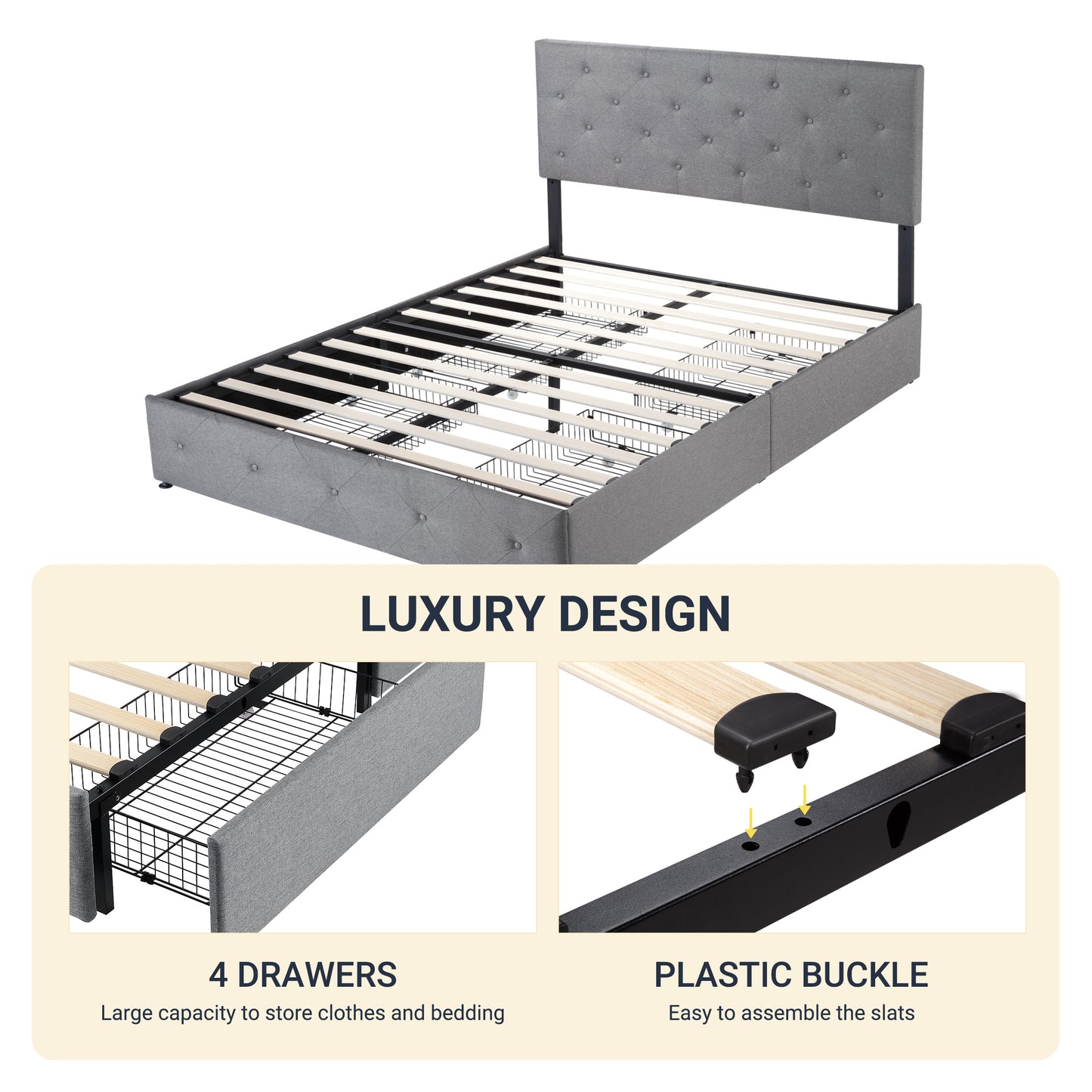 Allewie Queen Platform Bed Frame with 4 Drawers Storage and Headboard, Diamond Stitched Button Tufted Upholstered Mattress Foundation with Wood Slat Support, Dark Grey