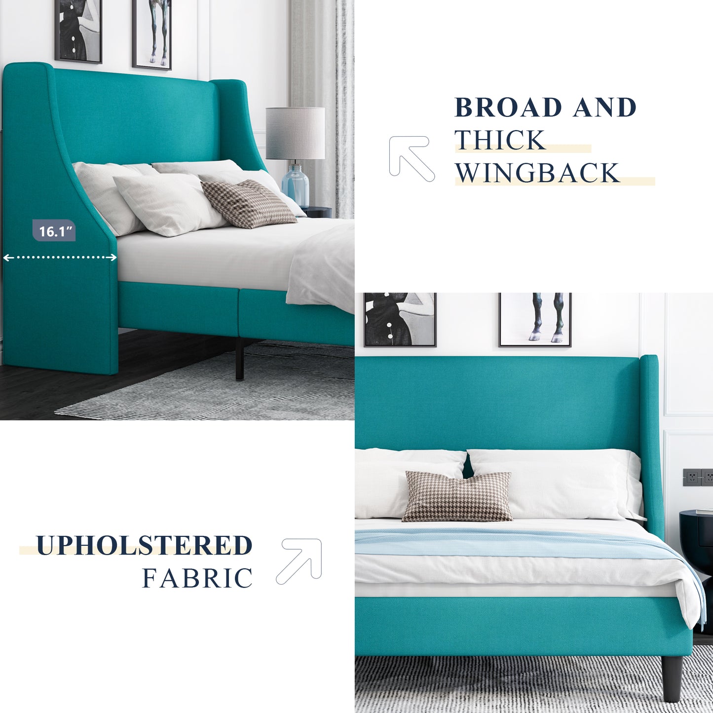 Allewie Queen Size Fabric Upholstered Platform Bed Frame with Wingback Headboard, Light Grey