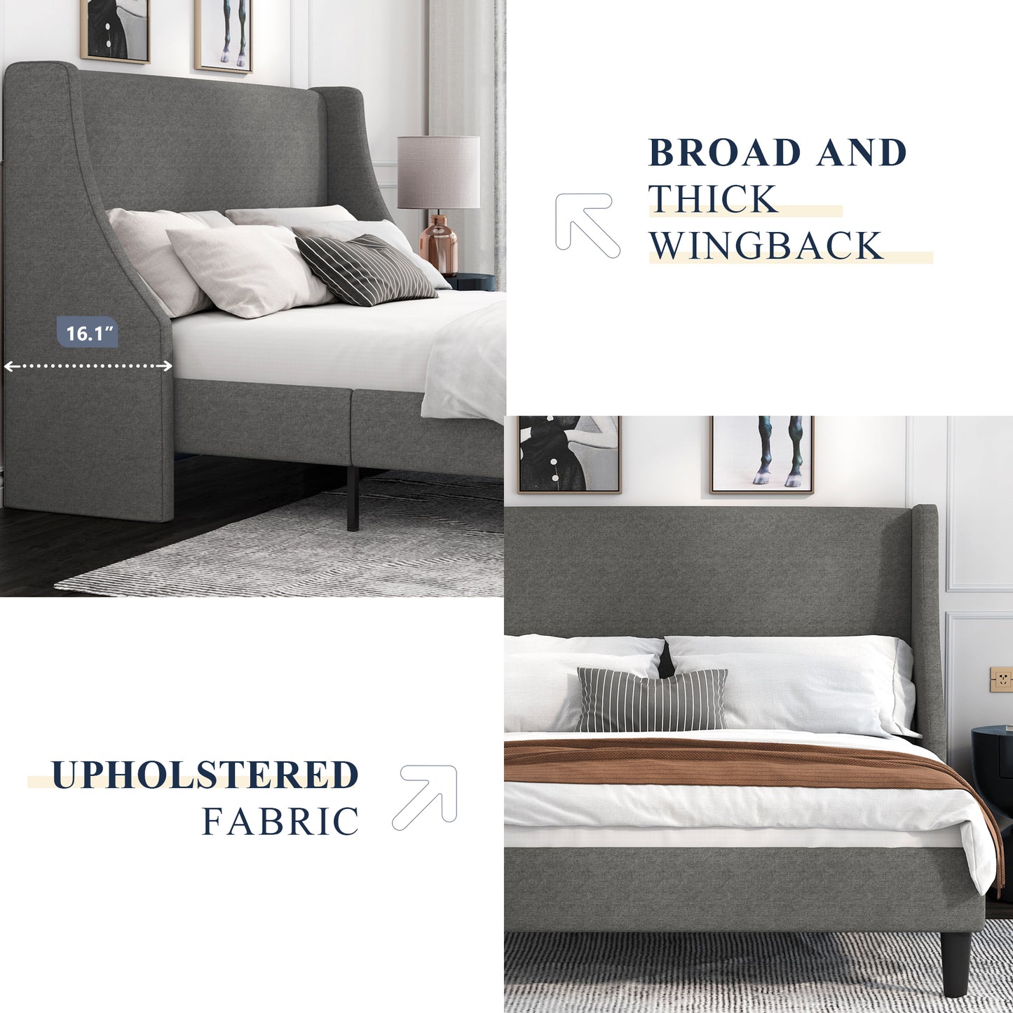 Allewie Queen Size Fabric Upholstered Platform Bed Frame with Wingback Headboard, Light Grey