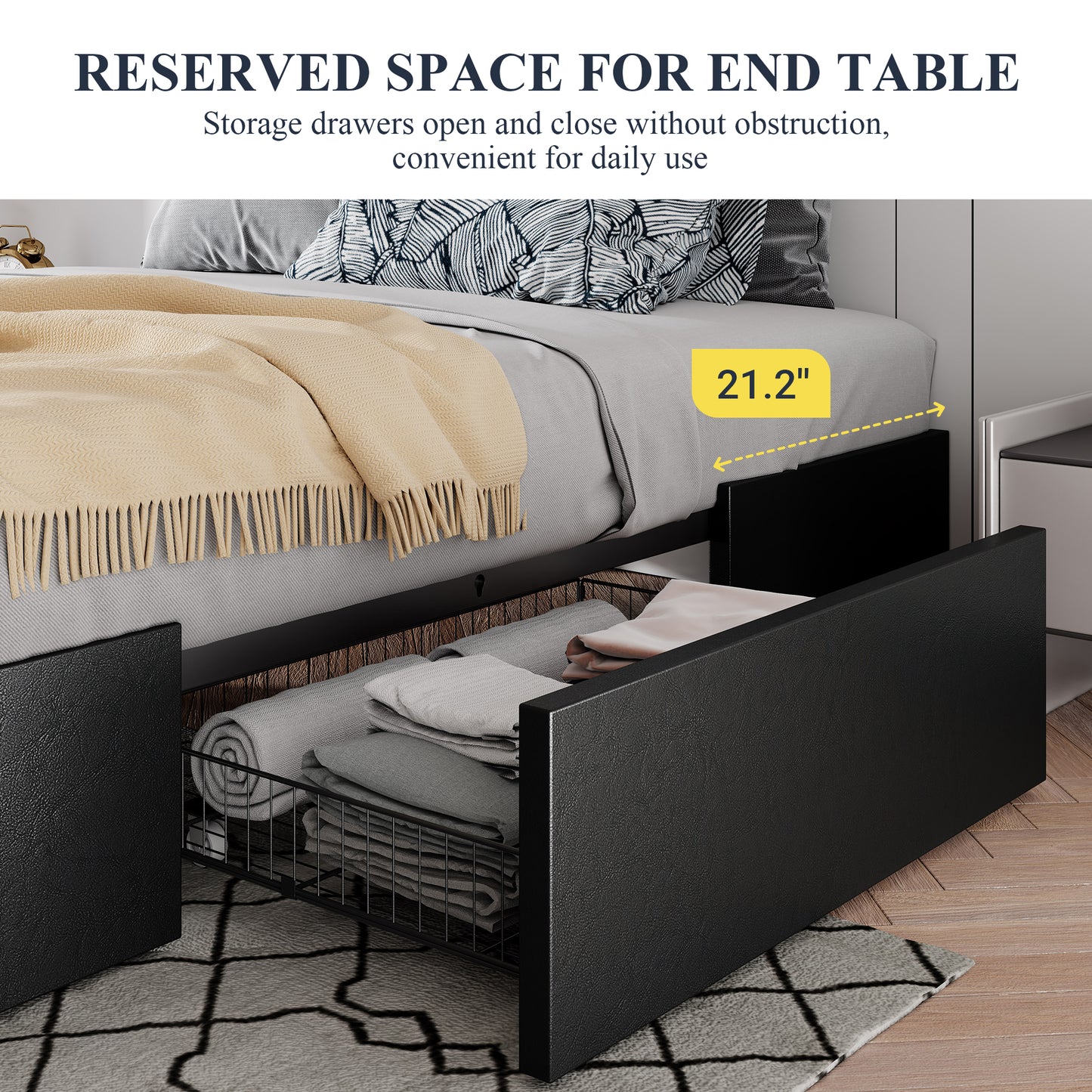 Allewie Platform Bed Frame with 3 Storage Drawers, Upholstered Wing Side Panel Design