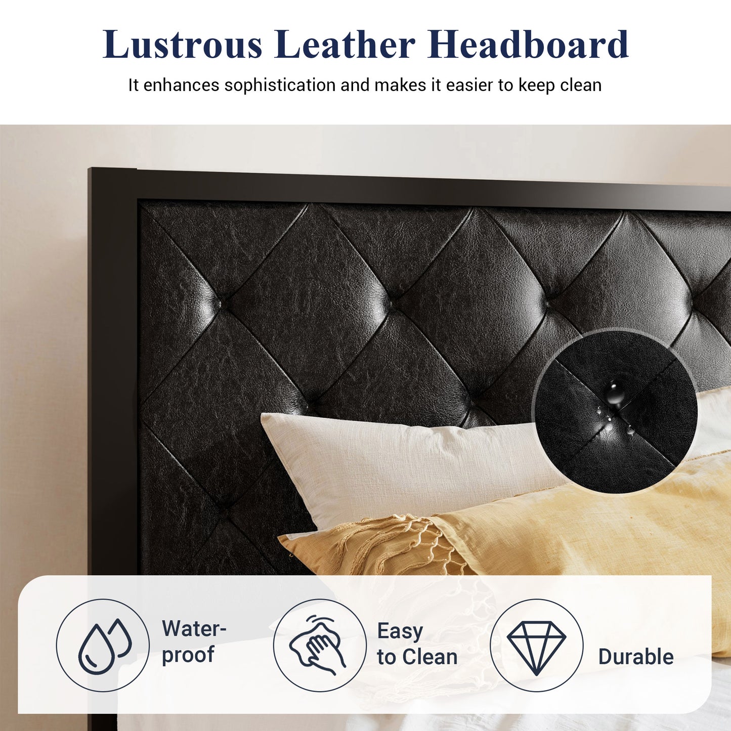 Allewie Metal Platform Bed Frame with Tufted Diamond Stitched Fabric Headboard