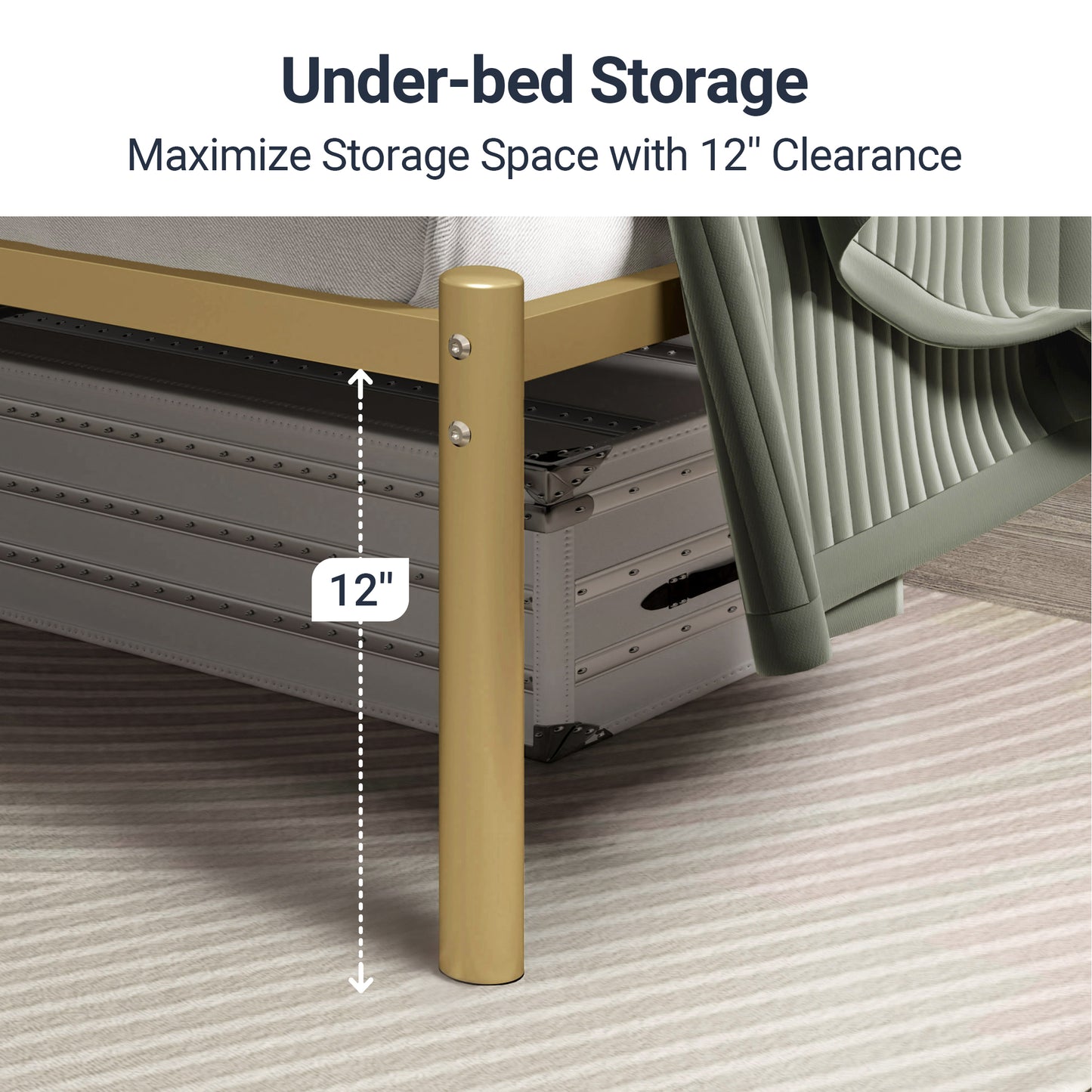 Allewie Gold Modern Platform Bed Frame with Vintage Headboard, 12'' Under-bed Storage