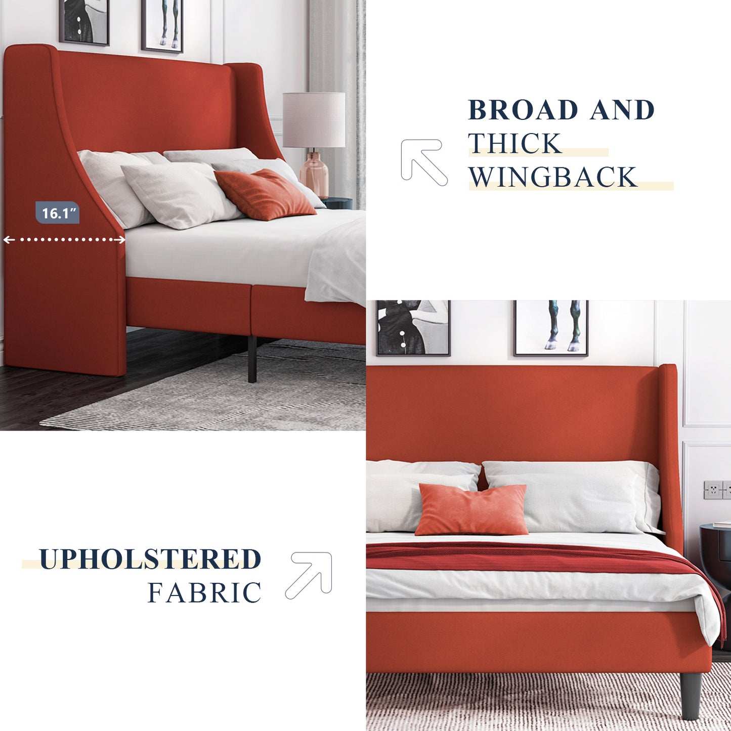 Allewie Queen Size Fabric Upholstered Platform Bed Frame with Wingback Headboard, Light Grey