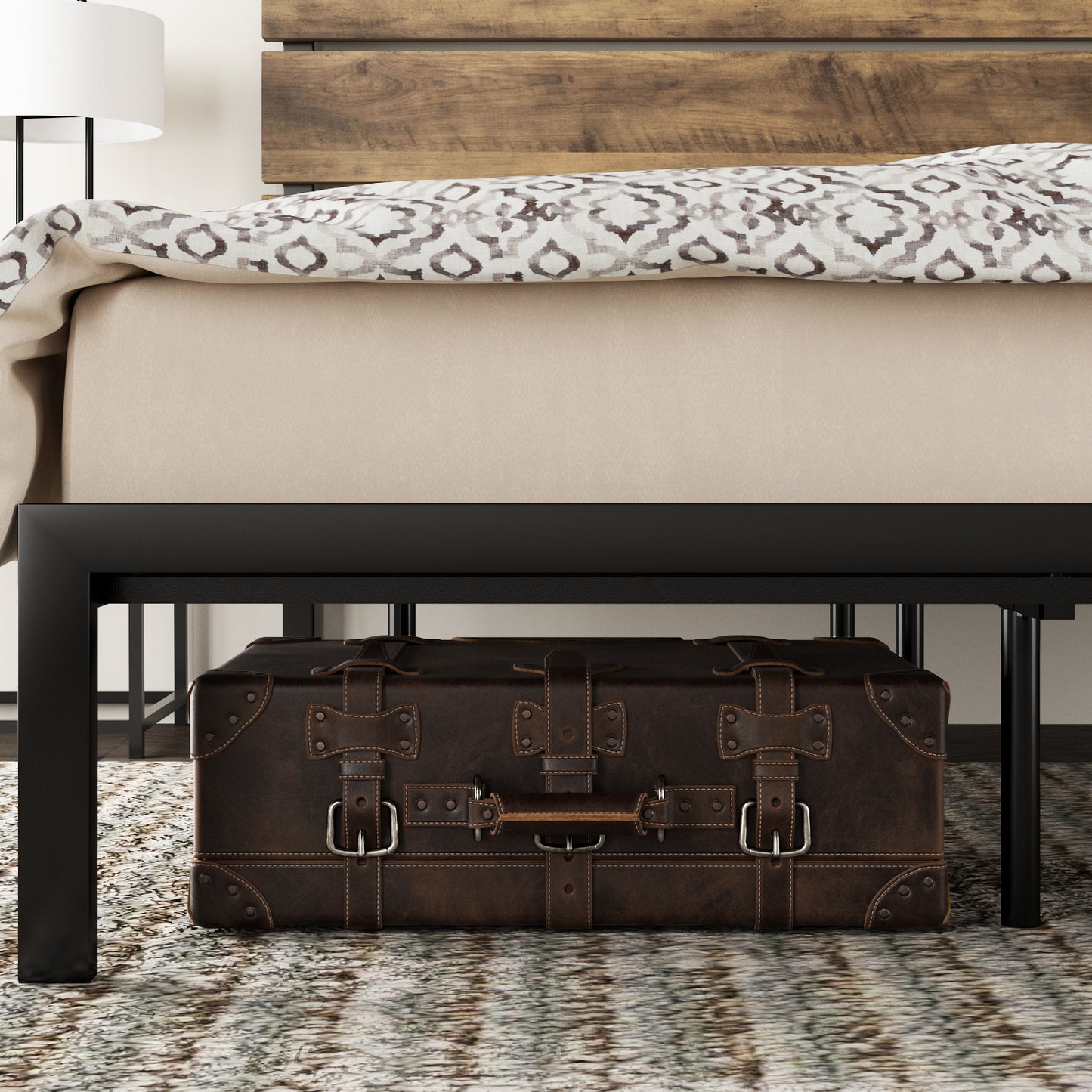 Allewie Rustic Country Style Wooden Headboard Metal Platform Bed with Strong Metal Slats