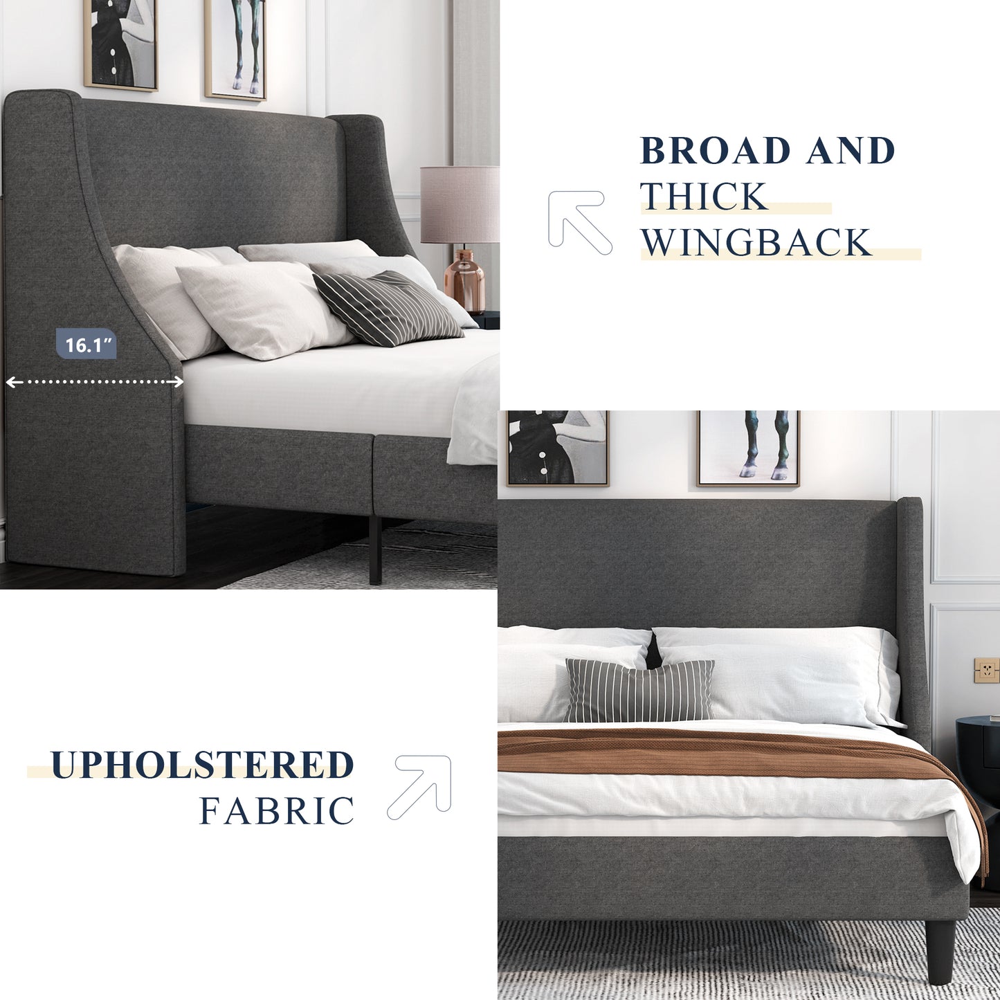 Allewie Queen Size Fabric Upholstered Platform Bed Frame with Wingback Headboard, Light Grey