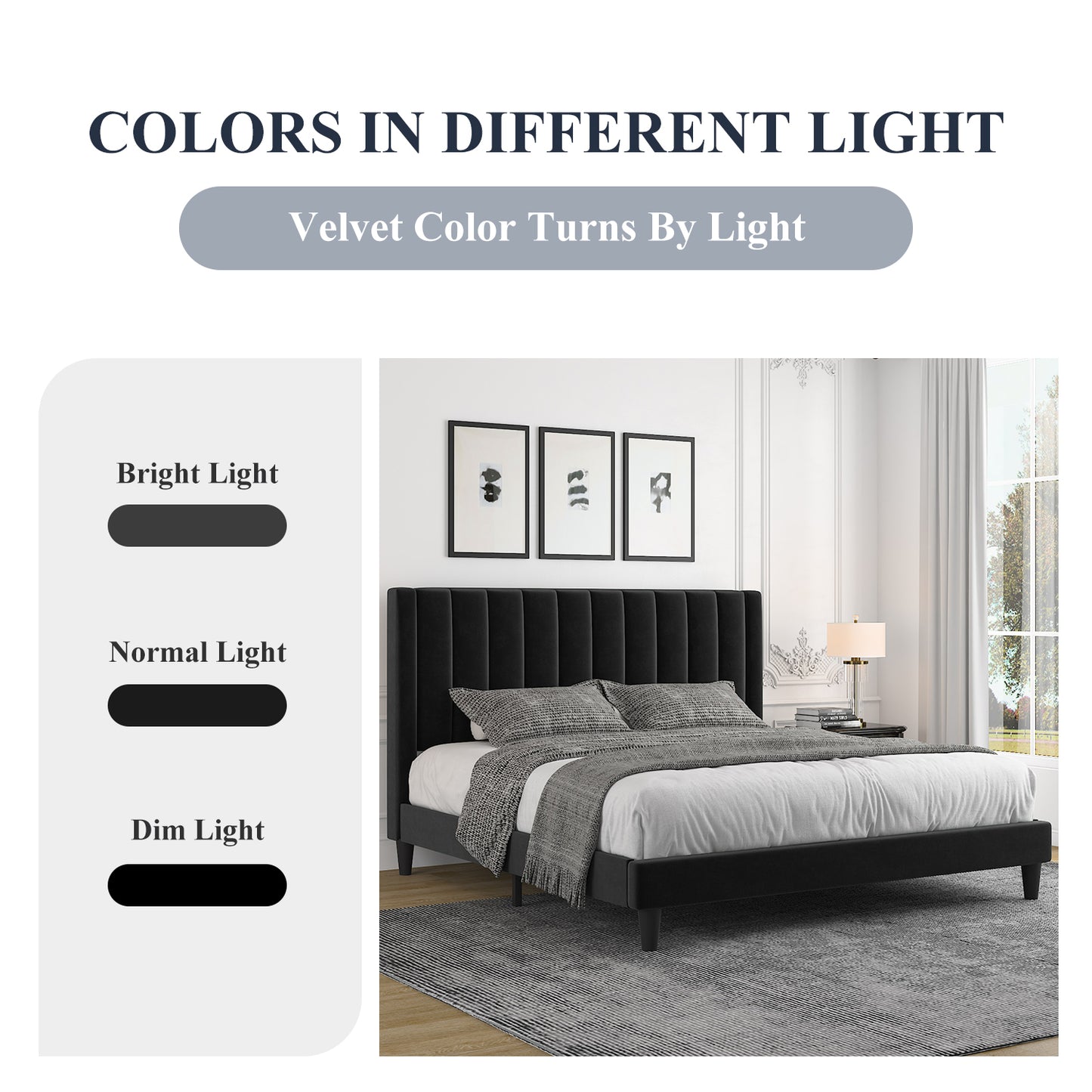 Allewie Velvet Upholstered Bed Frame with Vertical Channel Tufted Headboard, Black