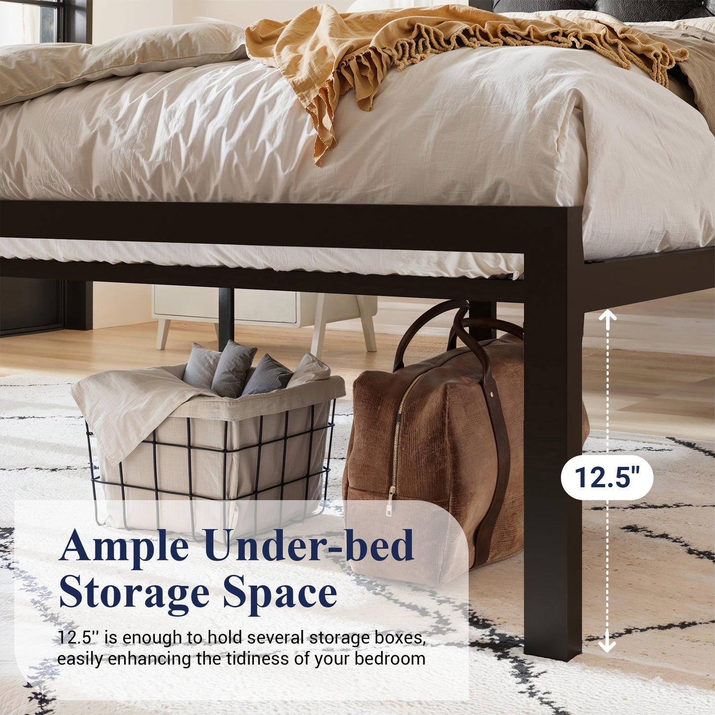 Allewie Metal Platform Bed Frame with Tufted Diamond Stitched Fabric Headboard