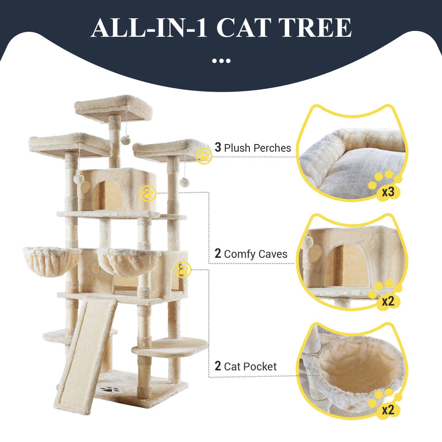 Allewie 68 Inches Multi-Level Large Cat Tree/Cat Tower for Indoor Cat/Tall Cat Climbing Tree with Cat Condo/Cozy Plush Cat Perches/Sisal Scratching Post/Wide Base Board/Hammocks/Cave