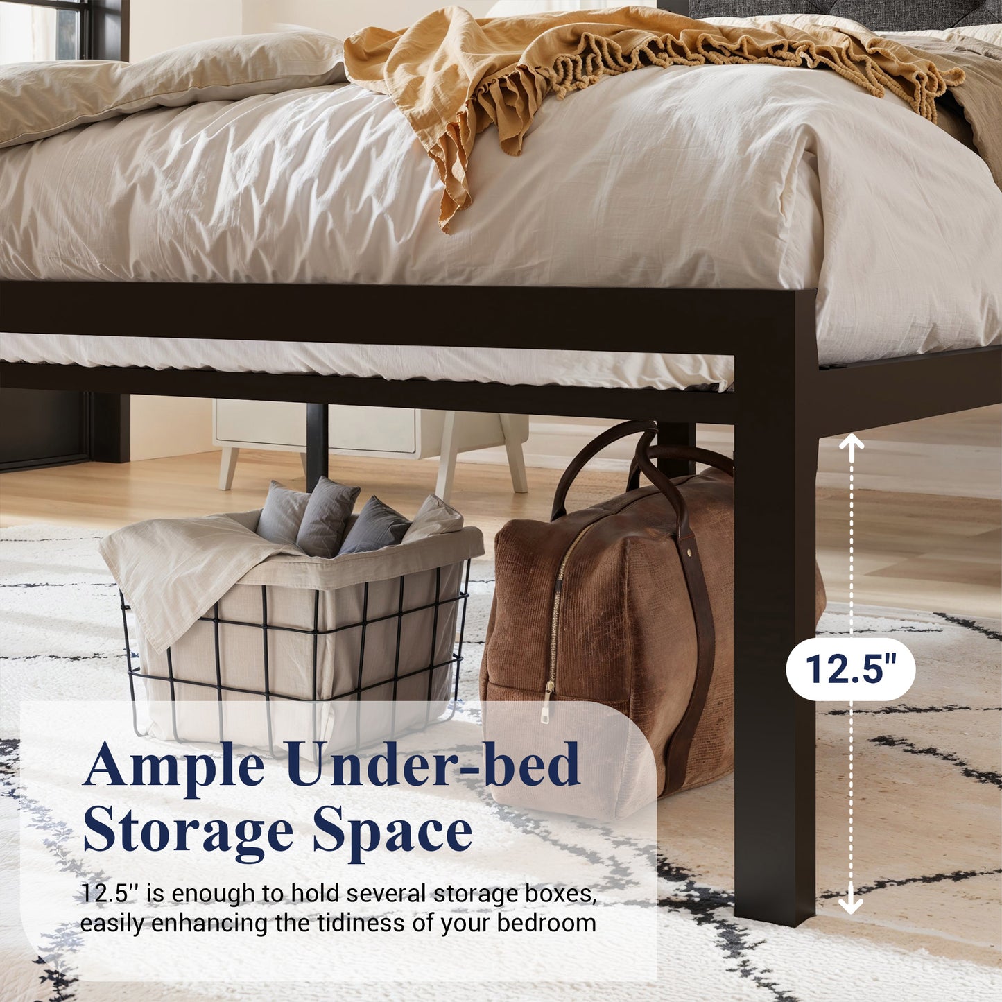 Allewie Metal Platform Bed Frame with Tufted Diamond Stitched Fabric Headboard