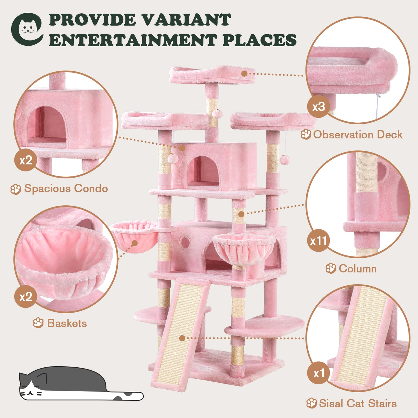 Allewie 68 Inches Multi-Level Large Cat Tree/Cat Tower for Indoor Cat/Tall Cat Climbing Tree with Cat Condo/Cozy Plush Cat Perches/Sisal Scratching Post/Wide Base Board/Hammocks/Cave