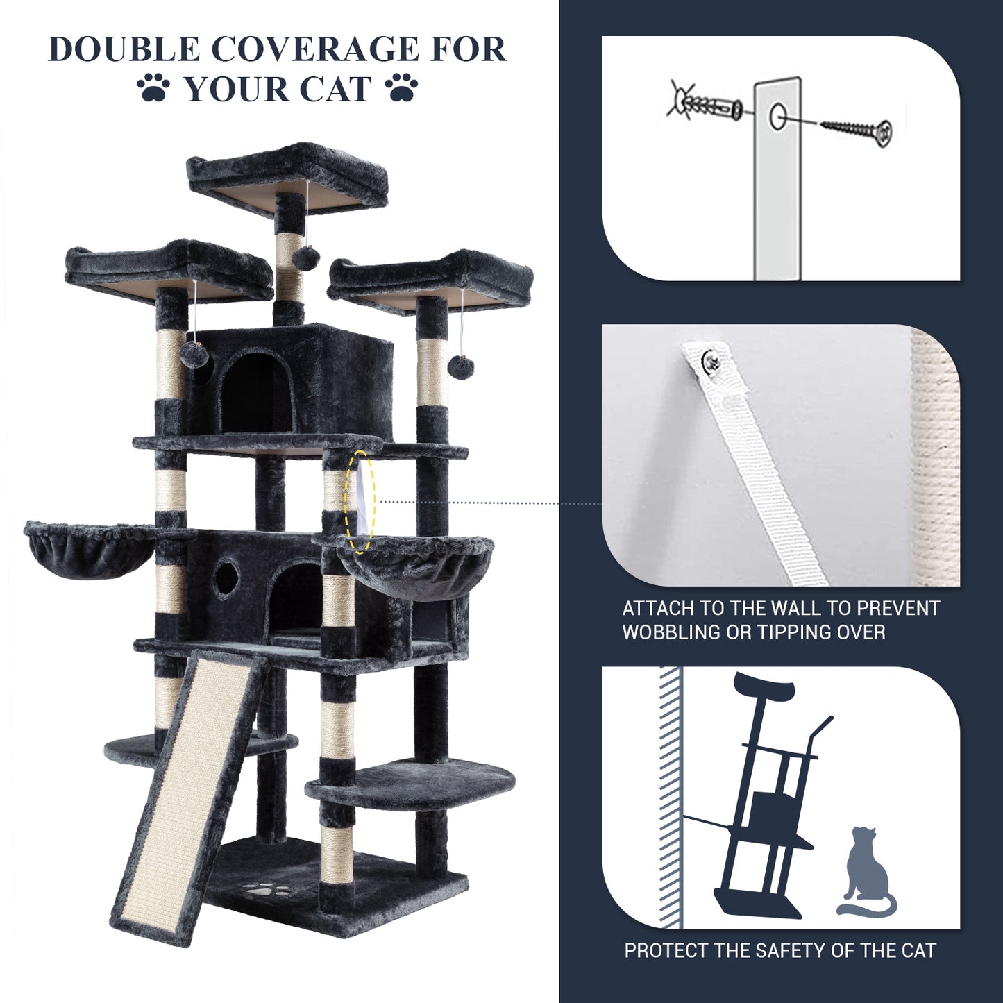 Allewie 68 Inches Multi-Level Large Cat Tree/Cat Tower for Indoor Cat/Tall Cat Climbing Tree with Cat Condo/Cozy Plush Cat Perches/Sisal Scratching Post/Wide Base Board/Hammocks/Cave