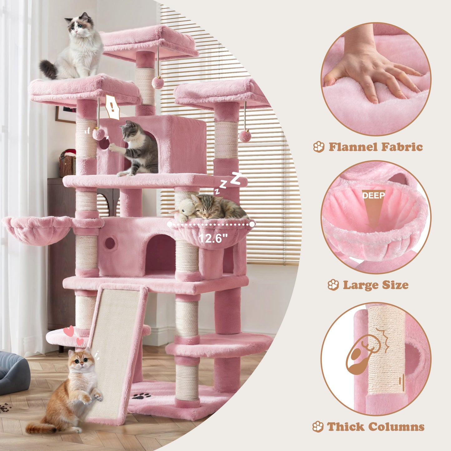 Allewie 68 Inches Multi-Level Large Cat Tree/Cat Tower for Indoor Cat/Tall Cat Climbing Tree with Cat Condo/Cozy Plush Cat Perches/Sisal Scratching Post/Wide Base Board/Hammocks/Cave