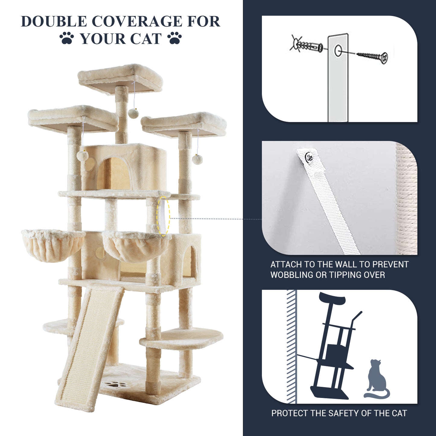 Allewie 68 Inches Multi-Level Large Cat Tree/Cat Tower for Indoor Cat/Tall Cat Climbing Tree with Cat Condo/Cozy Plush Cat Perches/Sisal Scratching Post/Wide Base Board/Hammocks/Cave