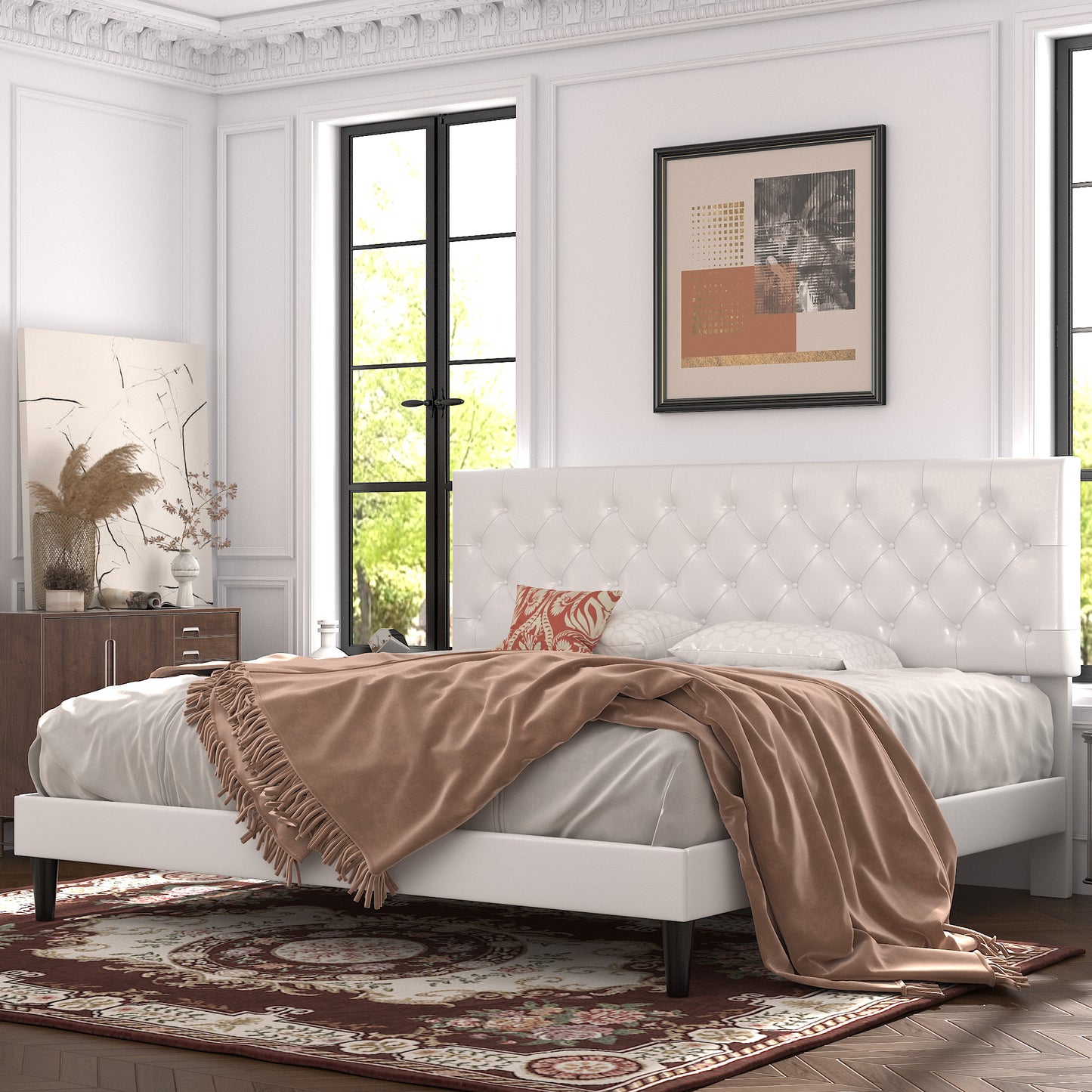 Allewie Faux Leather Upholstered Platform Bed Frame with Adjustable Diamond Stitched Button Tufted Headboard, White