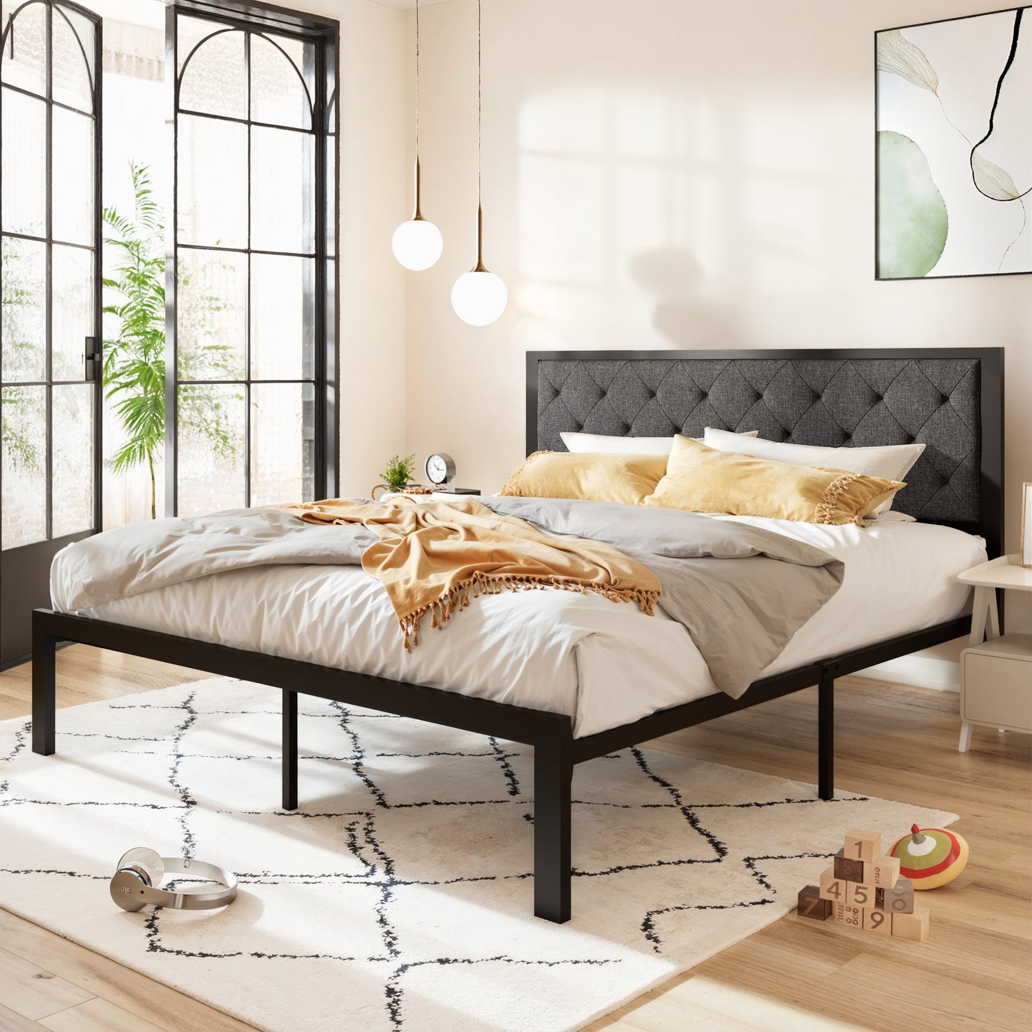 Allewie Metal Platform Bed Frame with Tufted Diamond Stitched Fabric Headboard