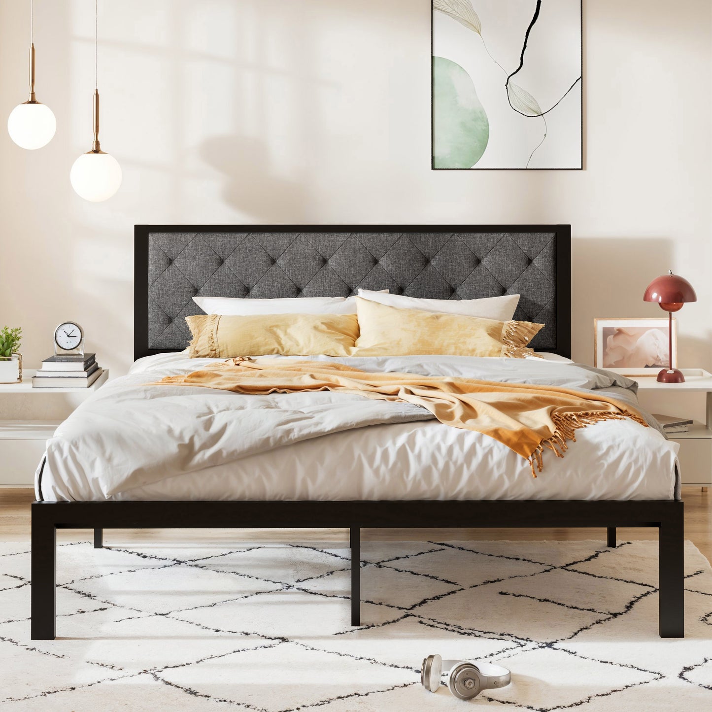 Allewie Metal Platform Bed Frame with Tufted Diamond Stitched Fabric Headboard