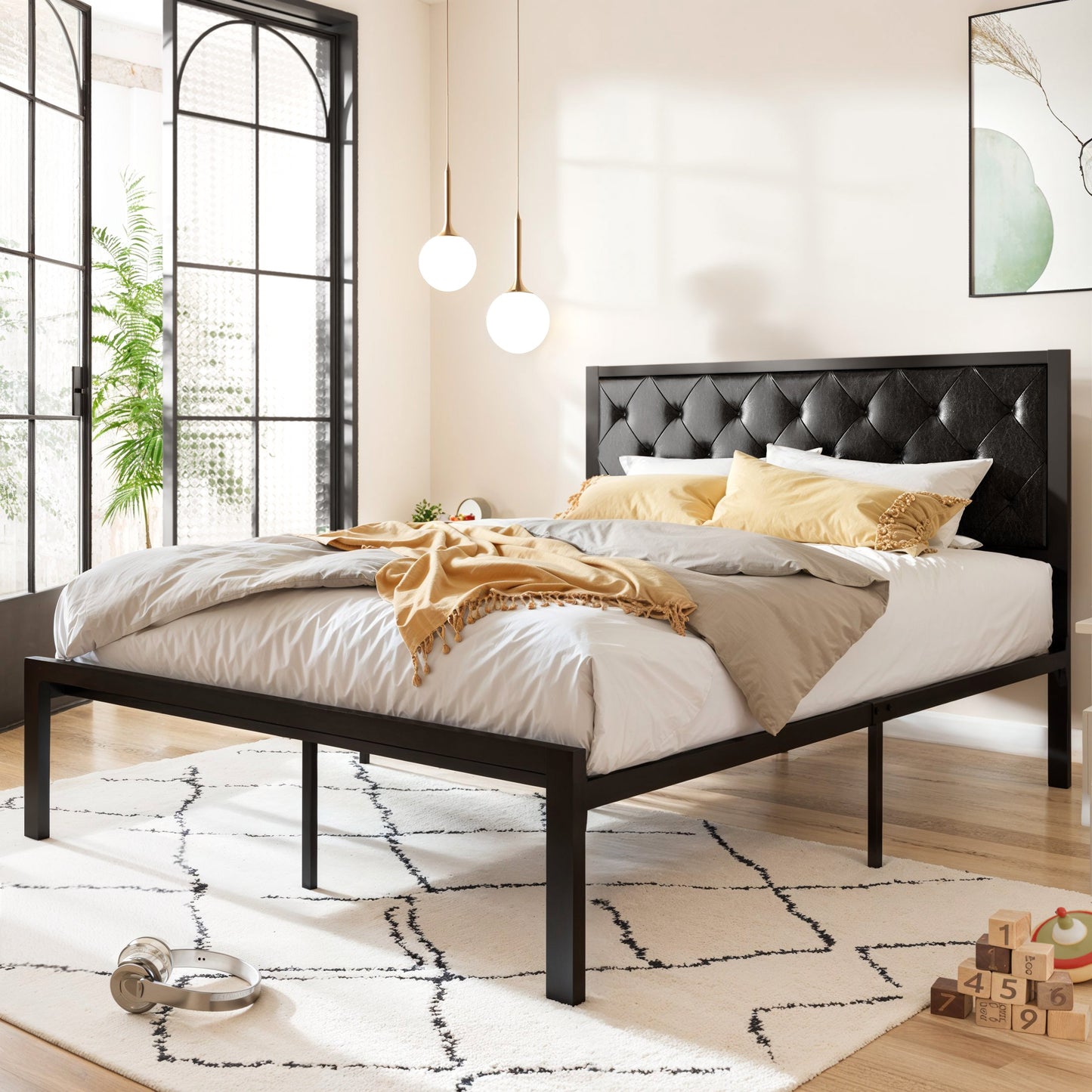 Allewie Metal Platform Bed Frame with Tufted Diamond Stitched Fabric Headboard