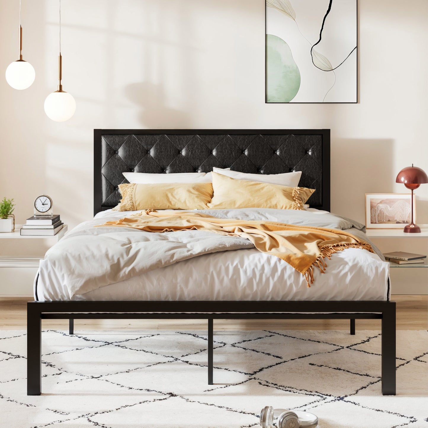 Allewie Metal Platform Bed Frame with Tufted Diamond Stitched Fabric Headboard
