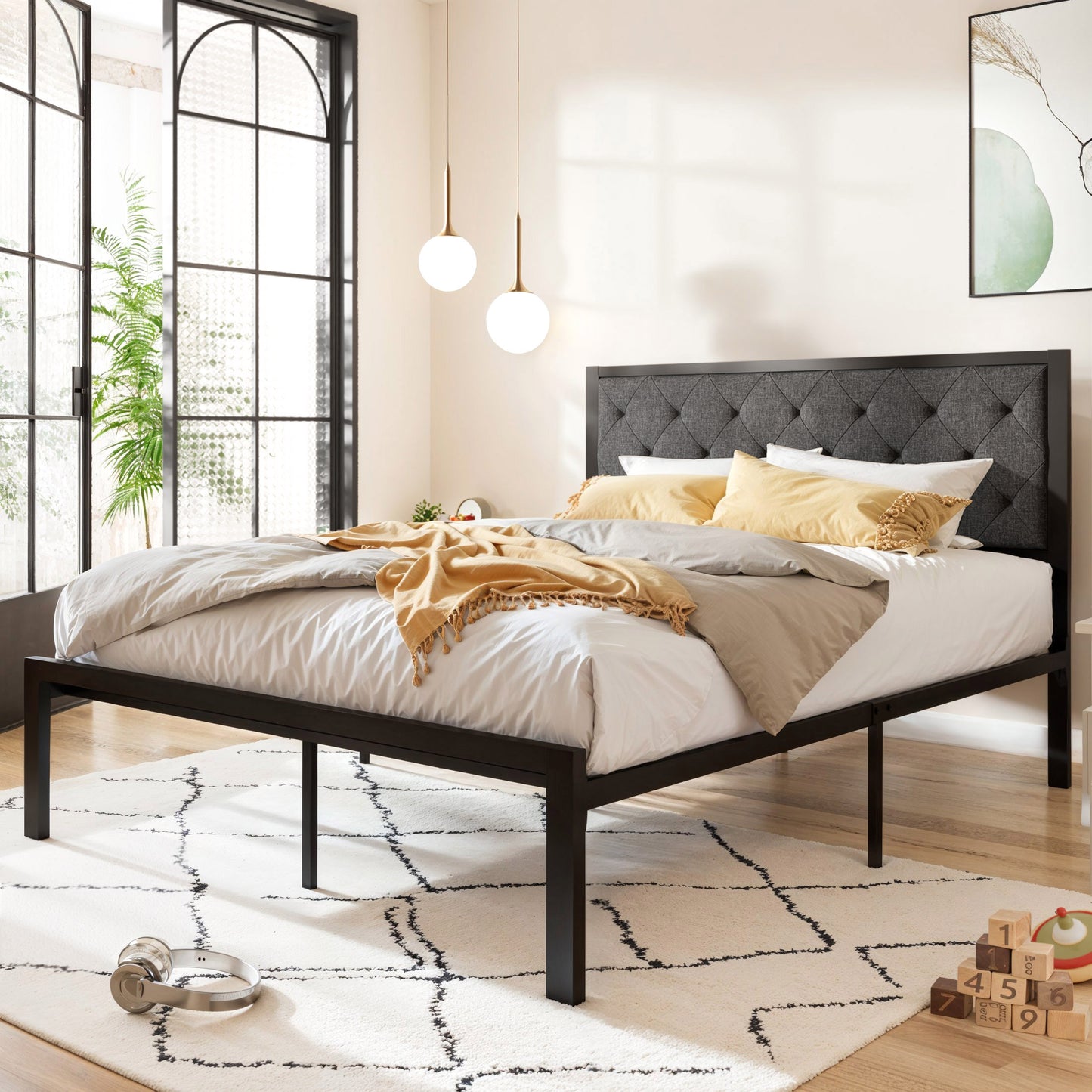 Allewie Metal Platform Bed Frame with Tufted Diamond Stitched Fabric Headboard