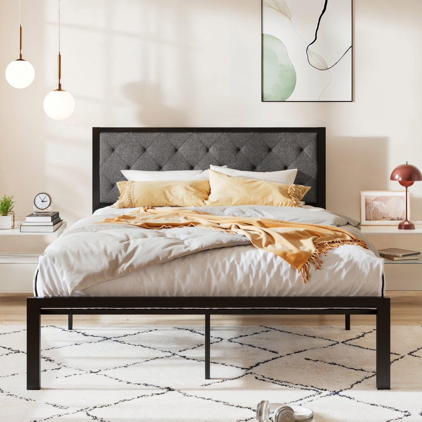 Allewie Metal Platform Bed Frame with Tufted Diamond Stitched Fabric Headboard