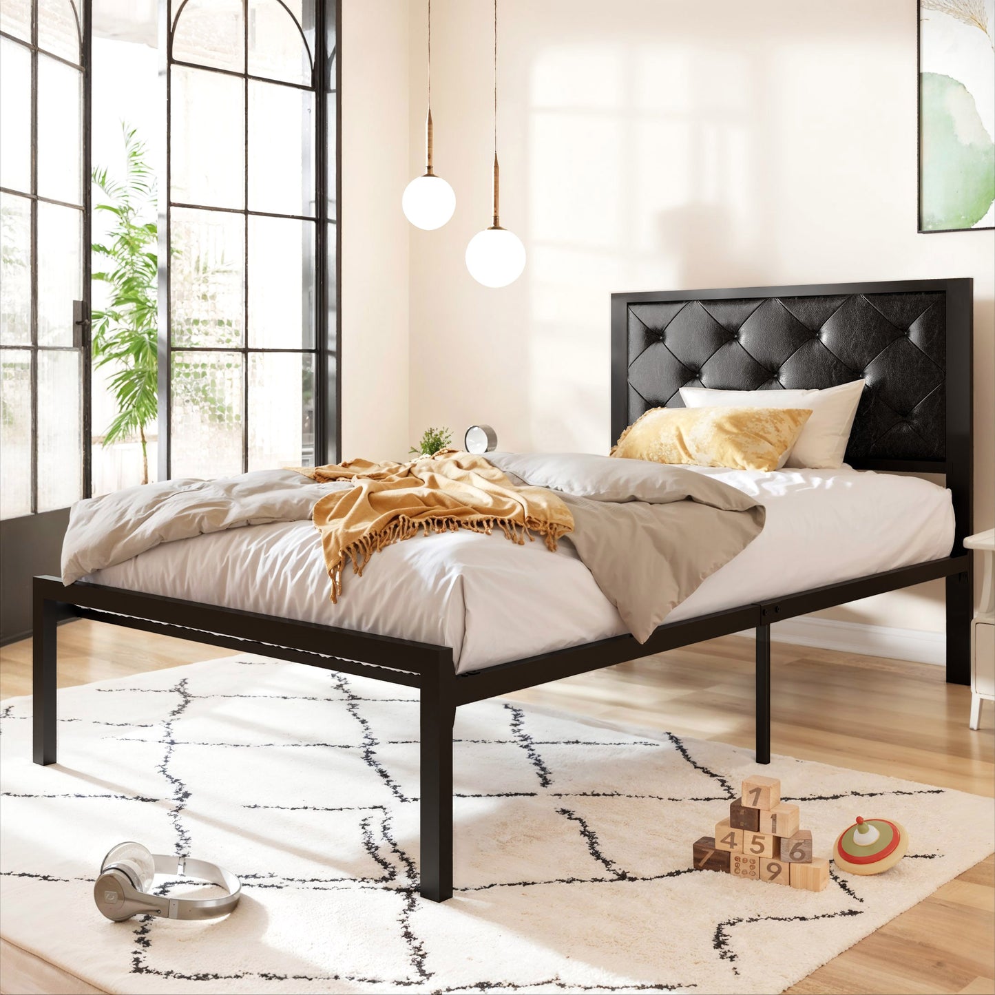 Allewie Metal Platform Bed Frame with Tufted Diamond Stitched Fabric Headboard
