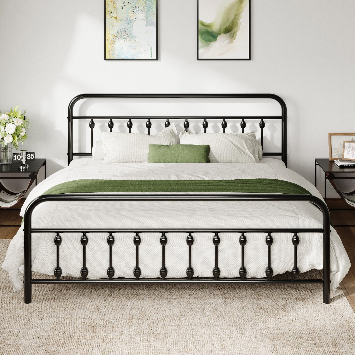 Allewie Metal Platform Bed Frame with Vintage Pattern Headboard/Footboard, No Box Spring Needed