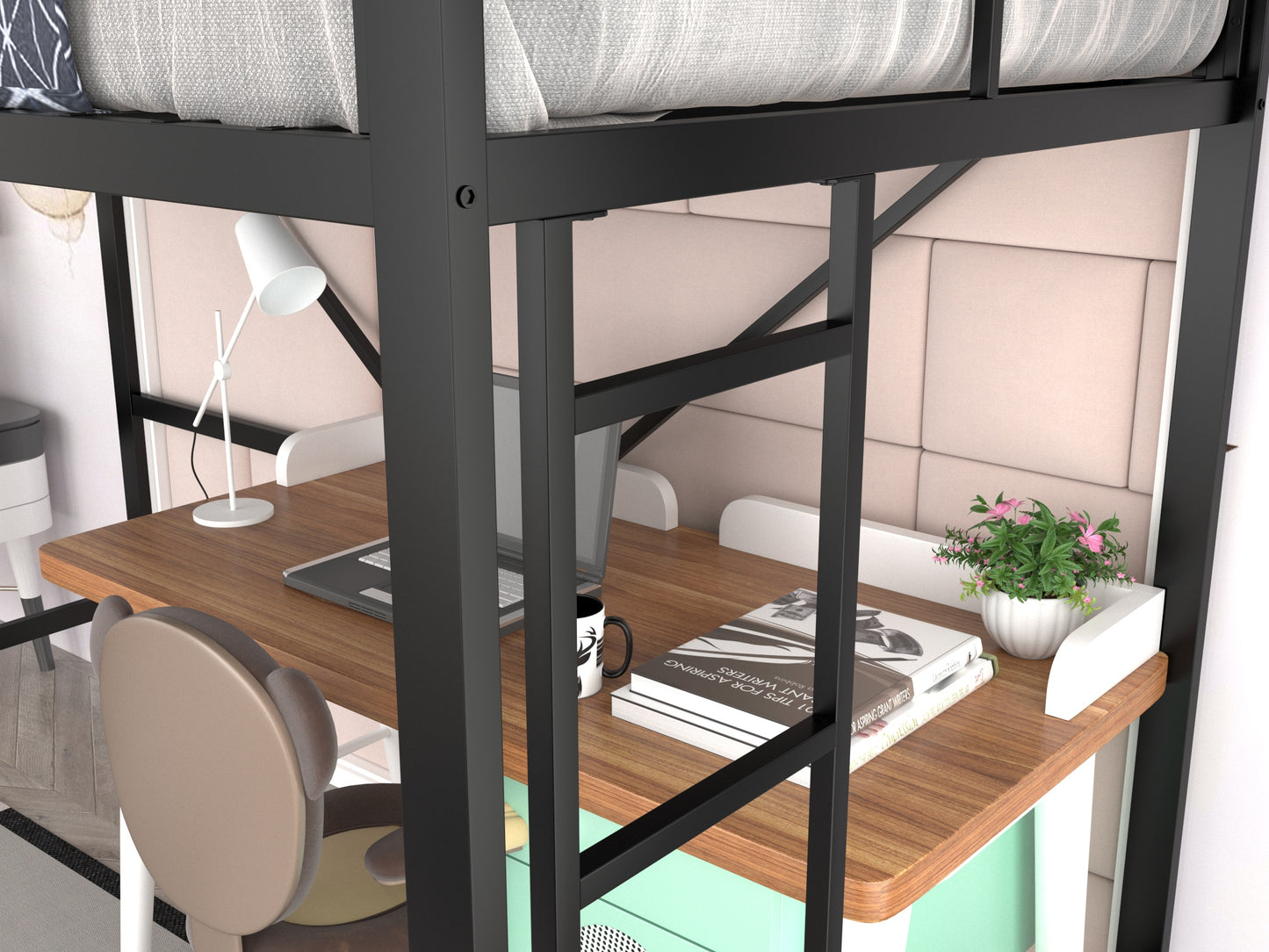 Allewie Metal Twin Size Loft Beds Frame with Stairs & Full-Length Guardrail, Space-Saving, Black