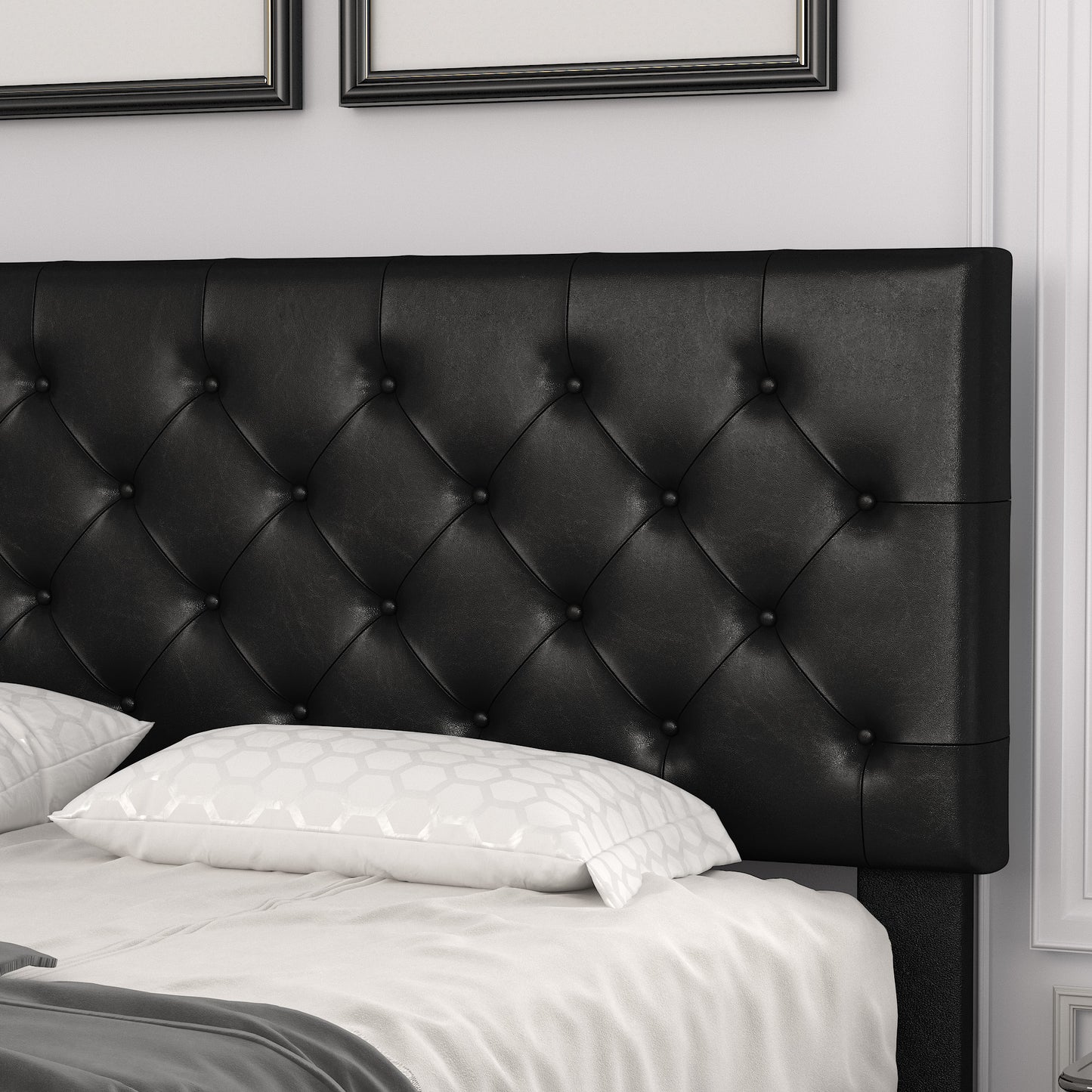 Allewie Faux Leather Upholstered Platform Bed Frame with Adjustable Diamond Stitched Button Tufted Headboard, White