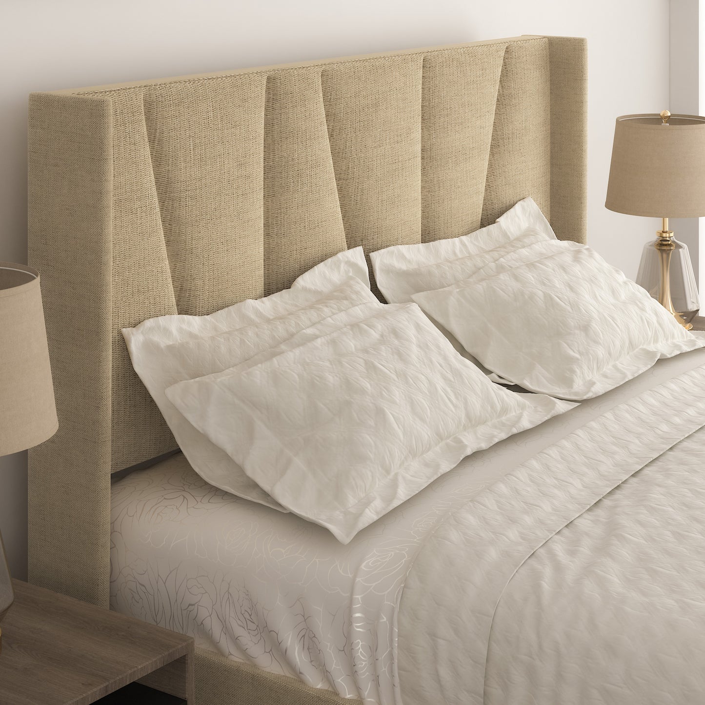 Allewie full Size Modern Platform Bed Frame with Upholstered Geometric Wingback Headboard, Beige