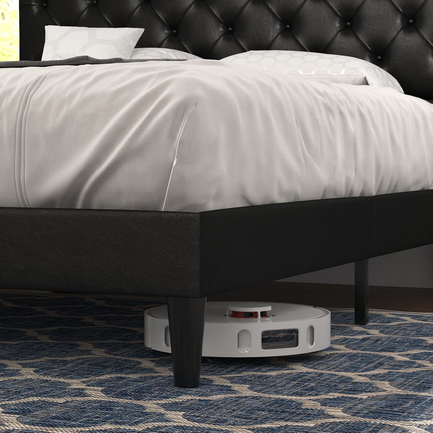 Allewie Faux Leather Upholstered Platform Bed Frame with Adjustable Diamond Stitched Button Tufted Headboard, White