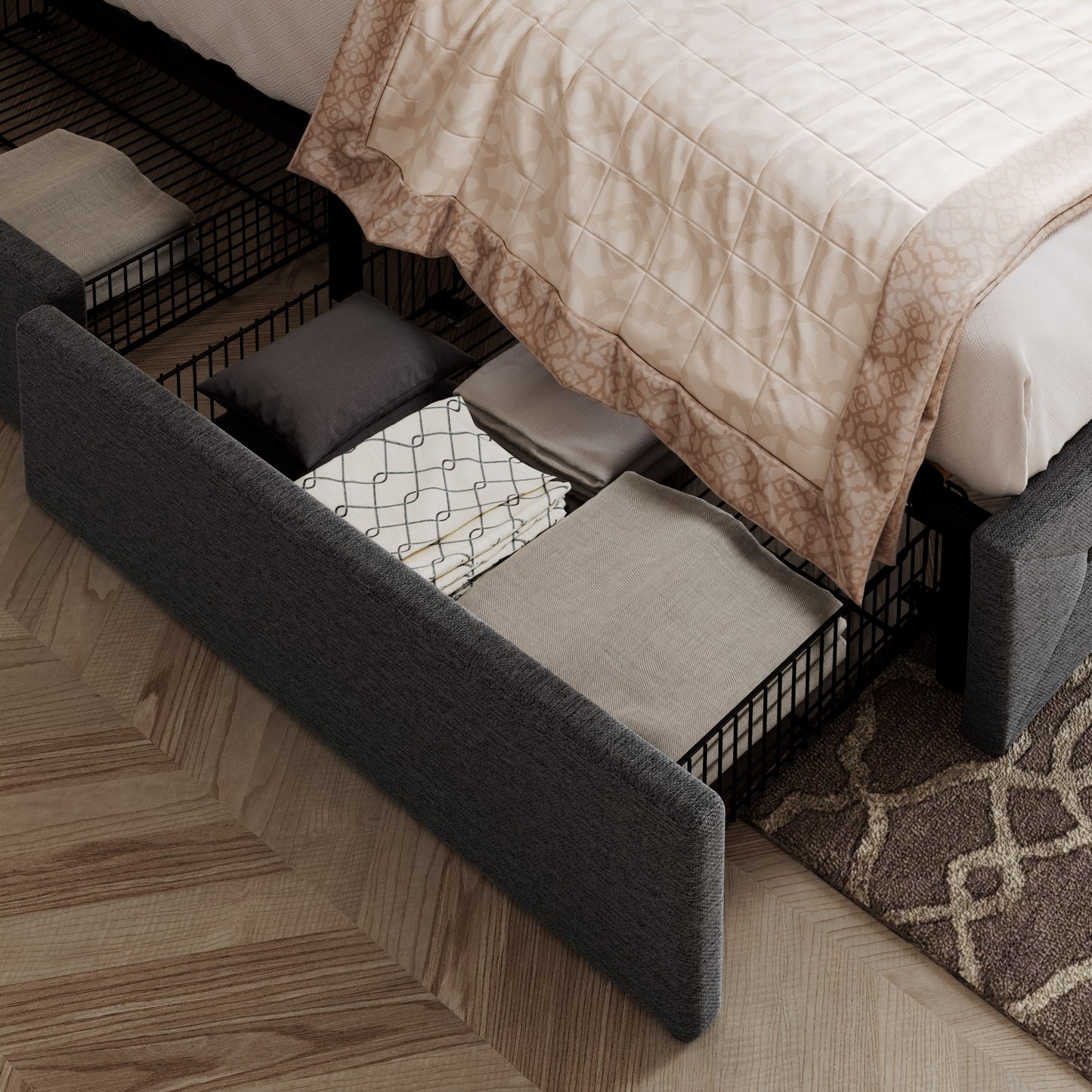 Allewie Queen Platform Bed Frame with 4 Drawers Storage and Headboard, Diamond Stitched Button Tufted Upholstered Mattress Foundation with Wood Slat Support, Dark Grey