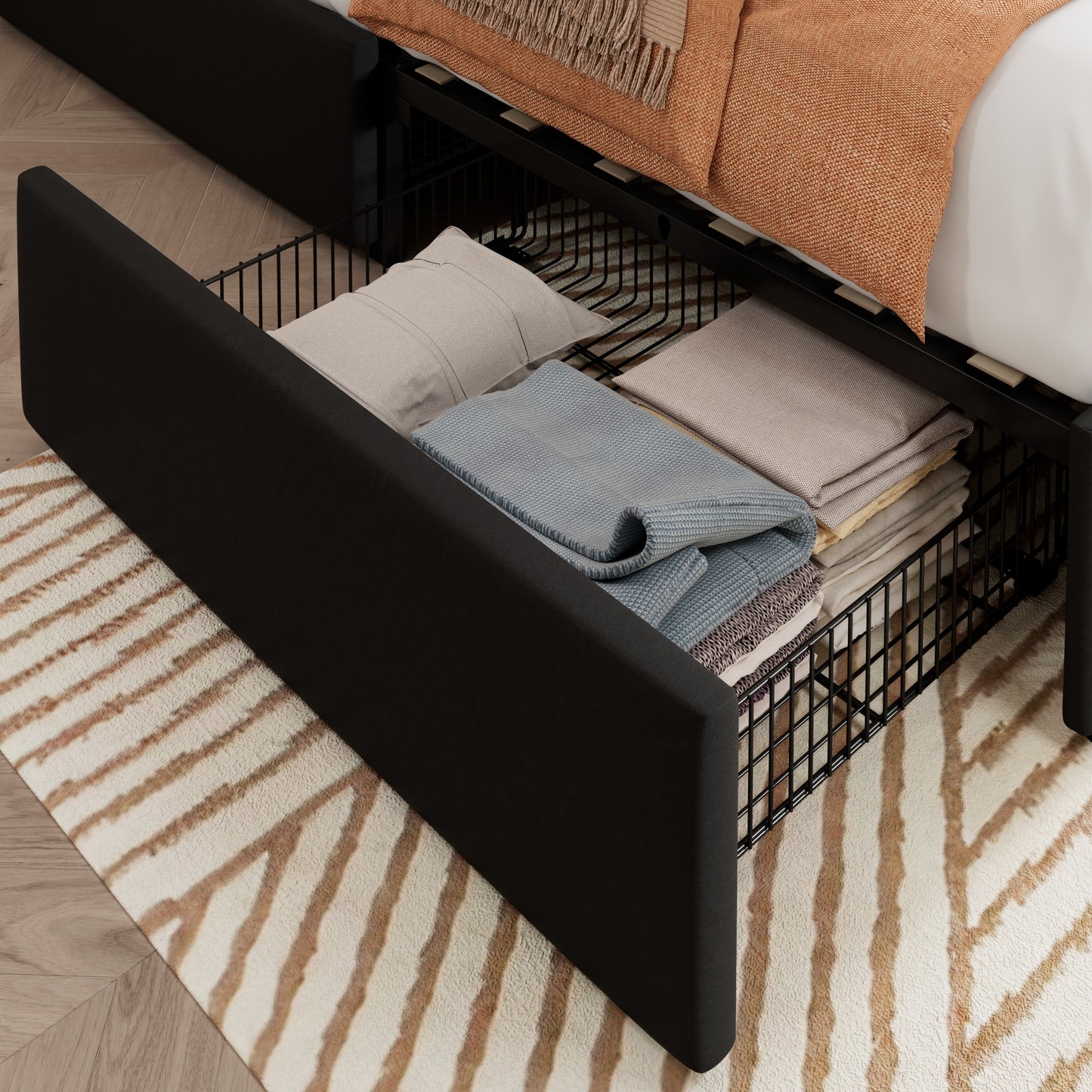 Allewie Platform Bed Frame with 4 Drawers, Diamond Stitched Button Tufted Faux Leather Upholstered