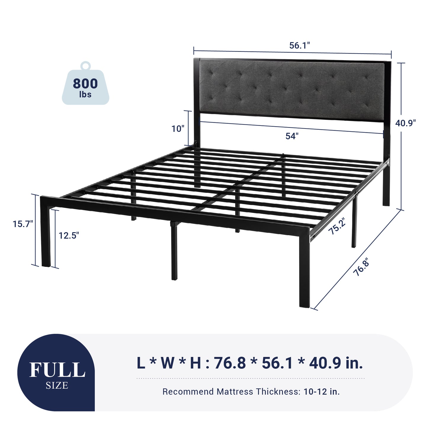 Allewie Metal Platform Bed Frame with Tufted Diamond Stitched Fabric Headboard