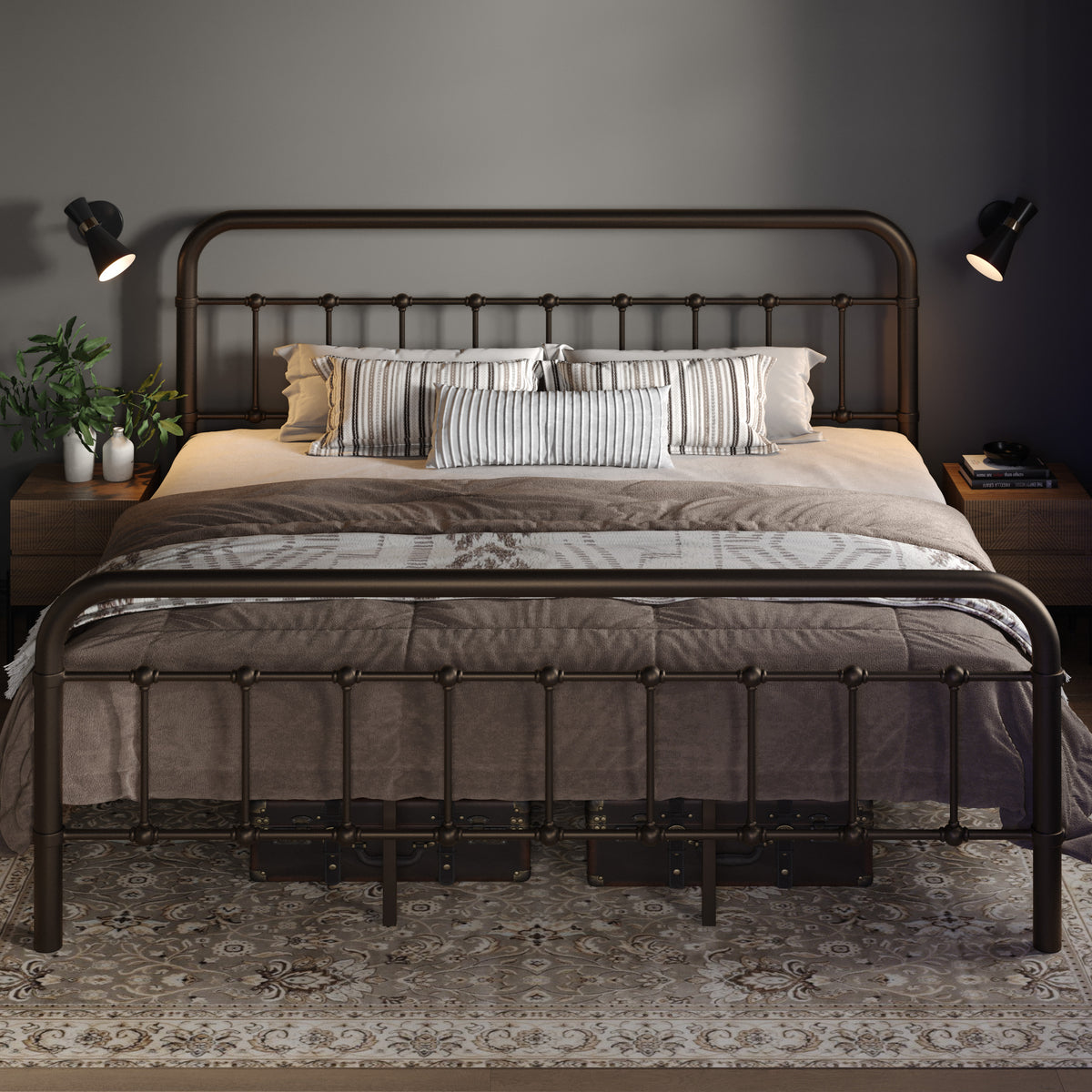 Allewie Metal Platform Bed Frame with Victorian Style Wrought Iron-Art Headboard/Footboard, Antique Gold