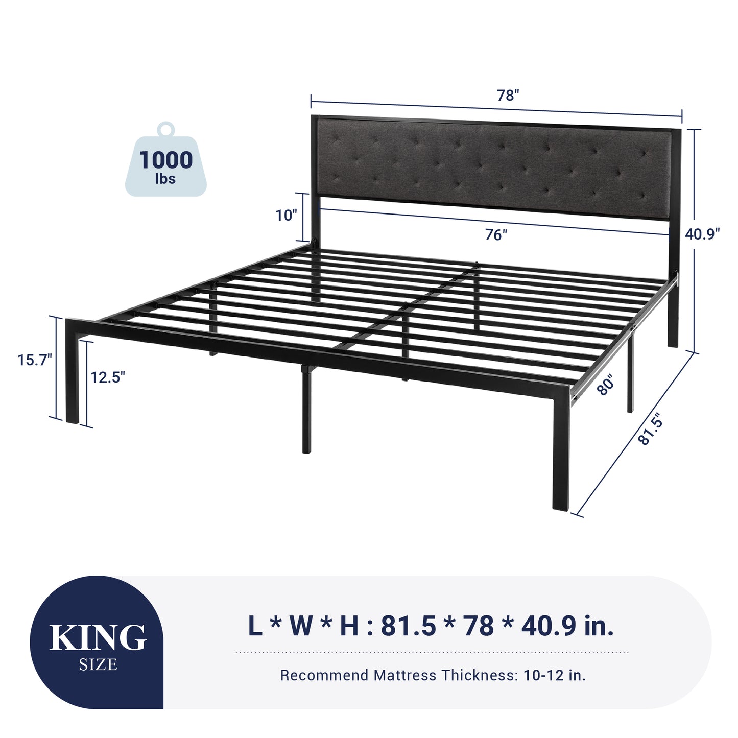 Allewie Metal Platform Bed Frame with Tufted Diamond Stitched Fabric Headboard