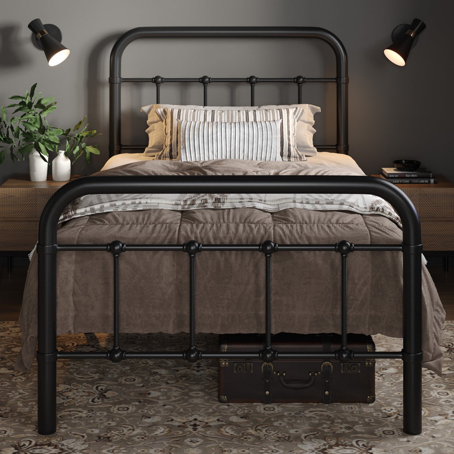 Allewie Metal Platform Bed Frame with Victorian Style Wrought Iron-Art Headboard/Footboard, Black