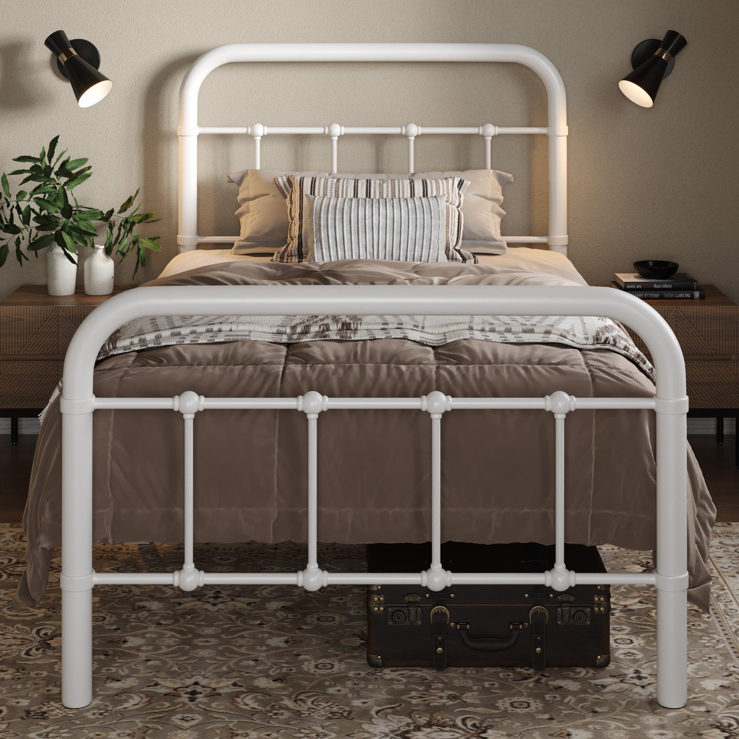 Allewie Metal Platform Bed Frame with Victorian Style Wrought Iron-Art Headboard/Footboard, White