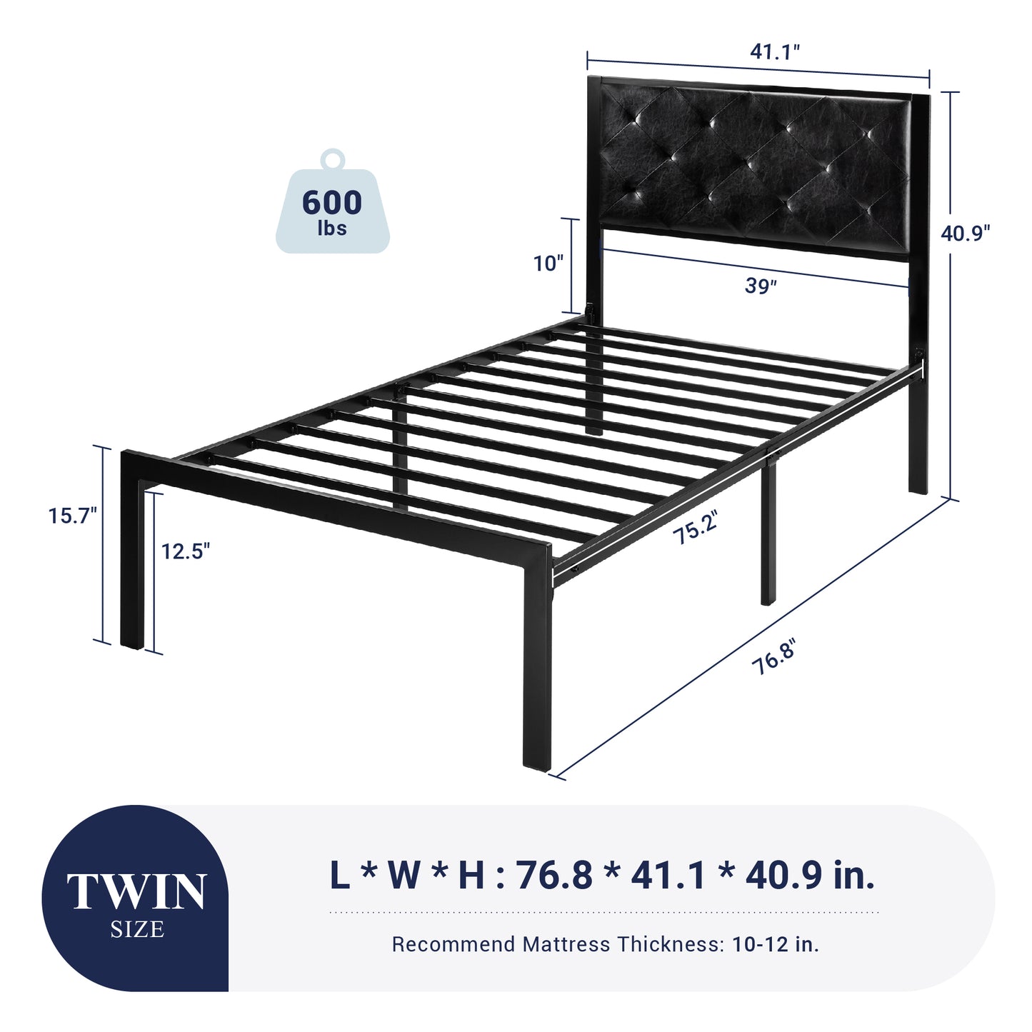 Allewie Metal Platform Bed Frame with Tufted Diamond Stitched Fabric Headboard